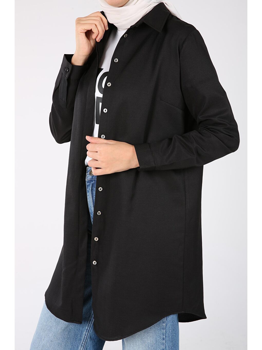 Siyah Gizli Patlı Basic Gömlek Tunik-1