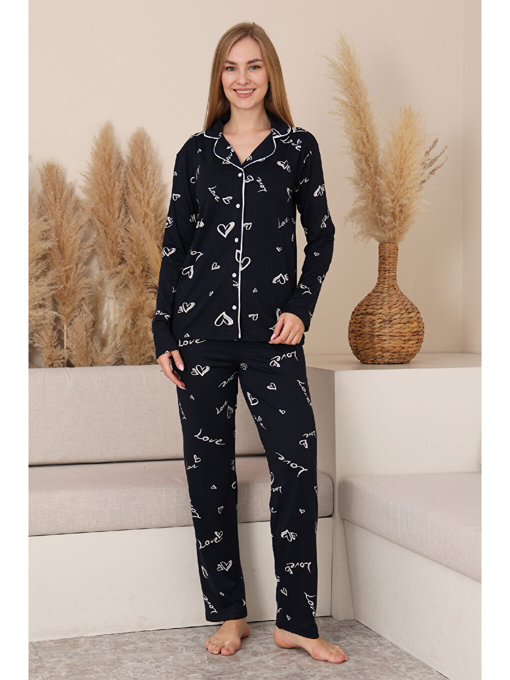 Lacivert Kadın %100 Pamuk Milan Soft Kumaş Pijama Takımı 12423-2