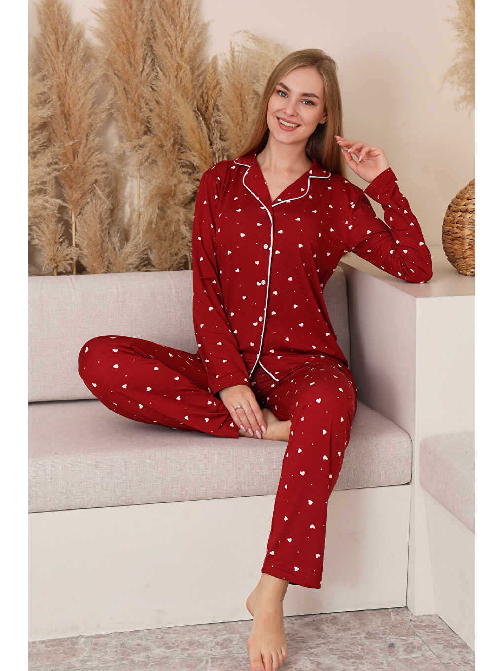 Bordo Kadın %100 Pamuk Milan Soft Pijama Takımı-Pat Yakalı-Boydan Düğmeli-Desenli-12422-1