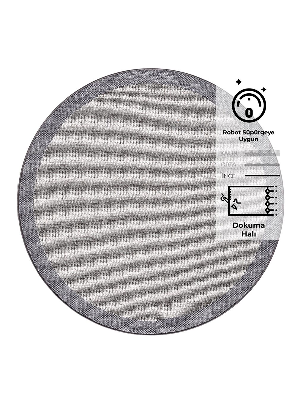 Sisalux 3092 Gri Jüt Tabanlı Modern Dokuma Yuvarlak Kilim Sisal Hasır Halı-155x155 cm