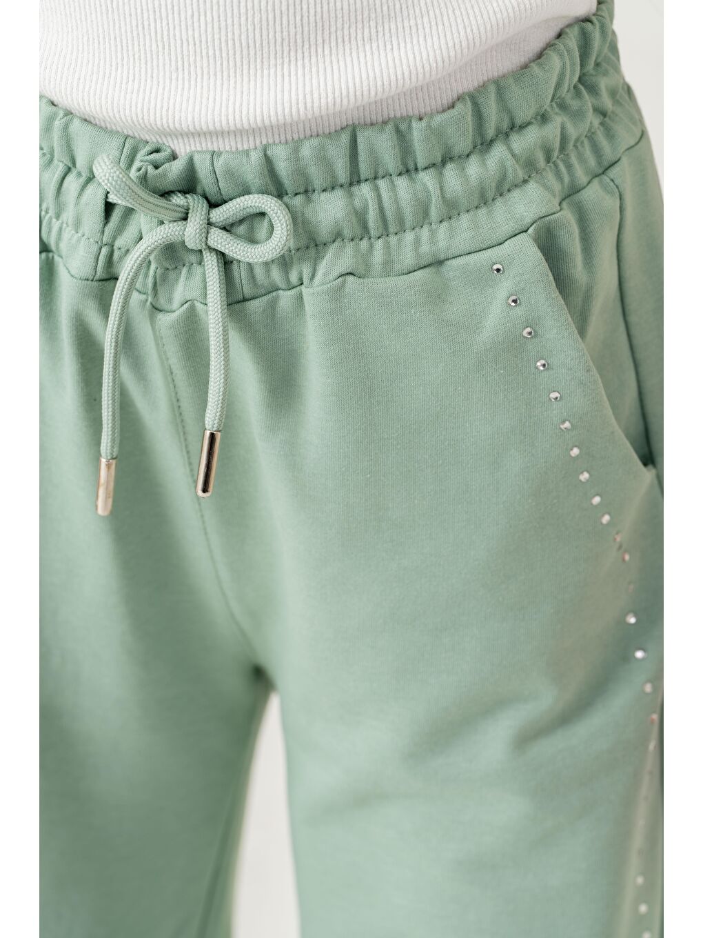 Yeşil Sağ Sol Taş Baskılı Geniş Paçalı Kız Çocuk Eşofman Altı-5