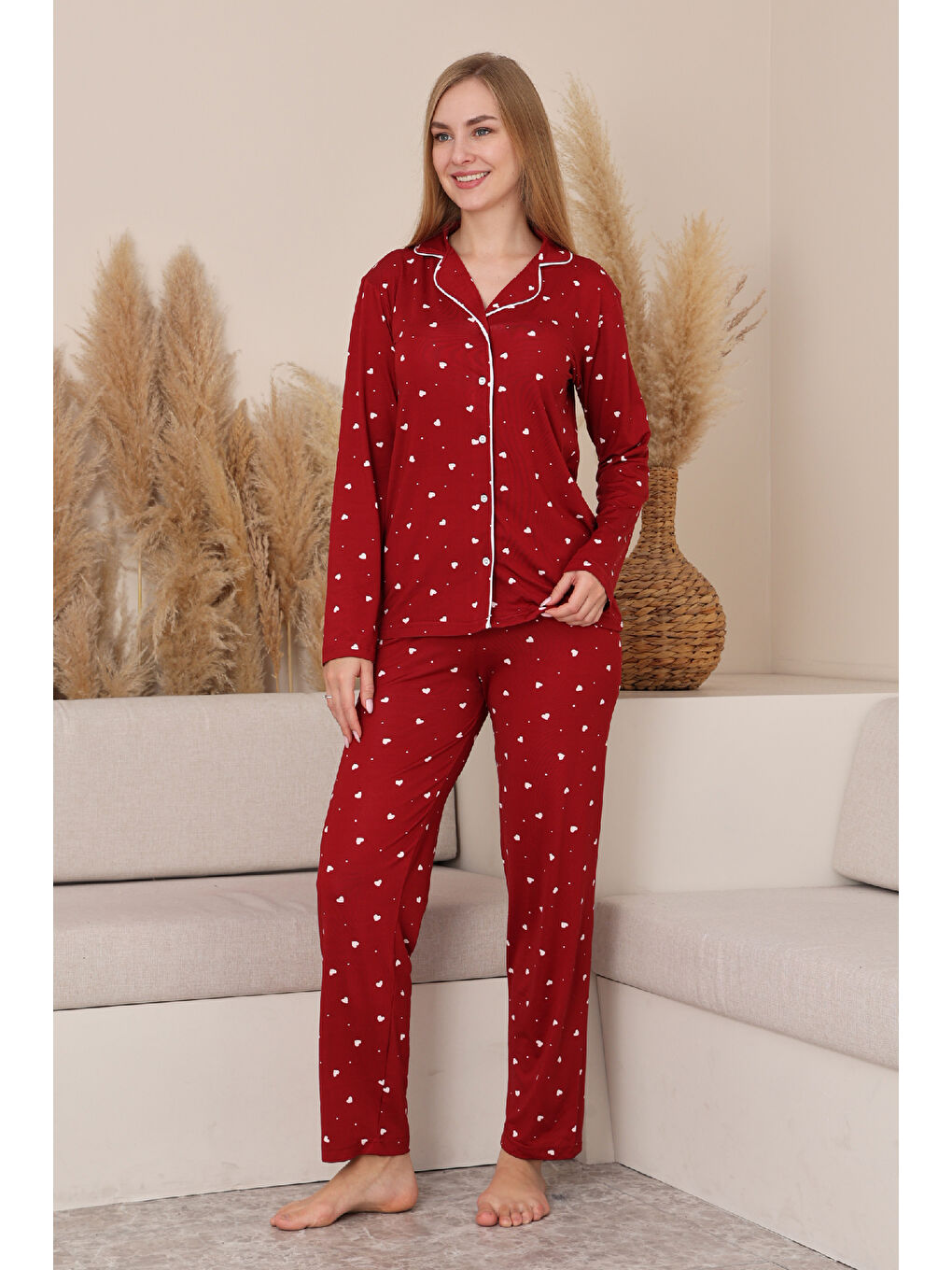 Bordo Kadın %100 Pamuk Milan Soft Pijama Takımı-Pat Yakalı-Boydan Düğmeli-Desenli-12422-2
