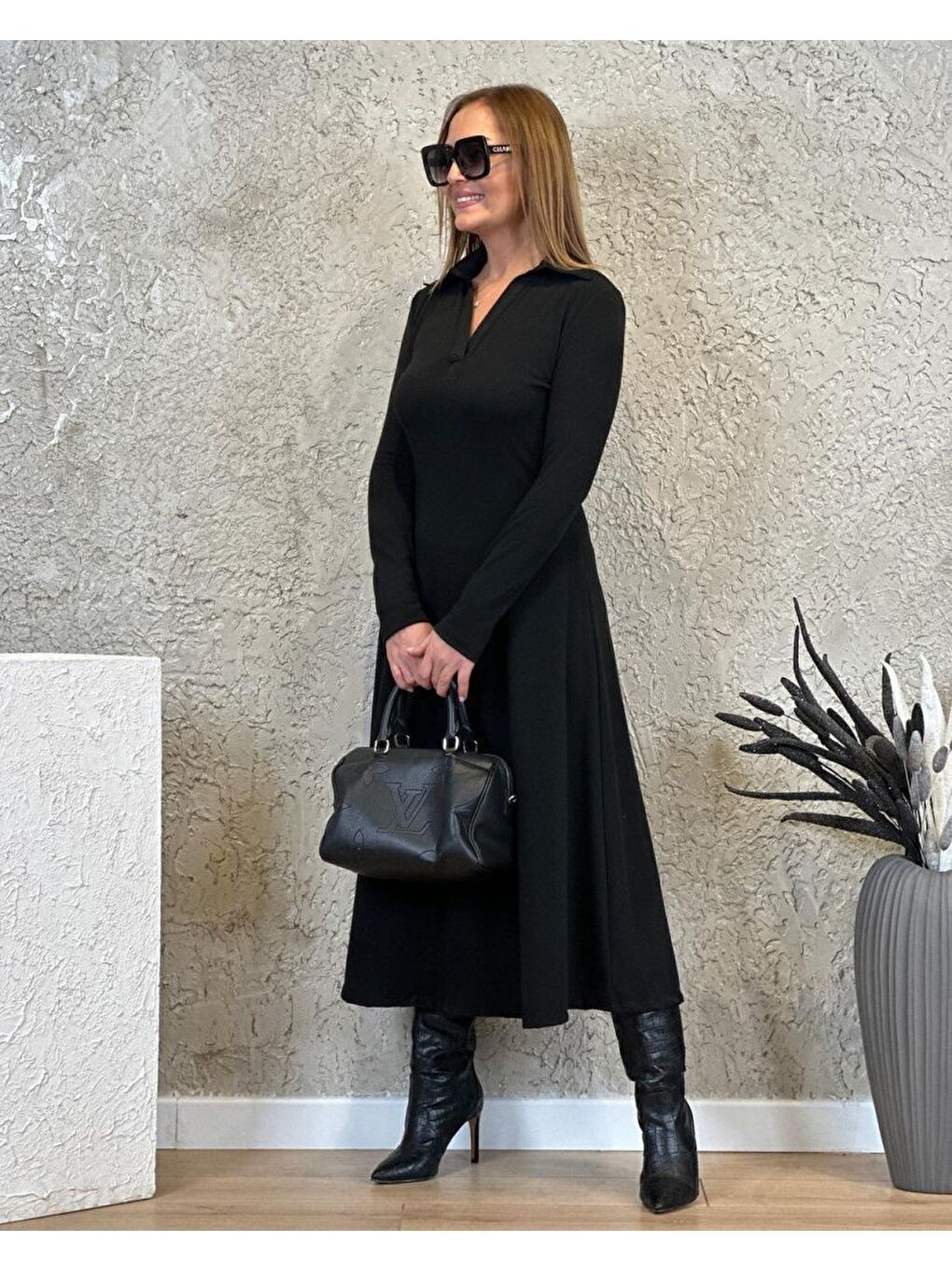 Siyah Kadın Uzun Kollu Yakalı Midi Viskon Iki Iplik Elbise