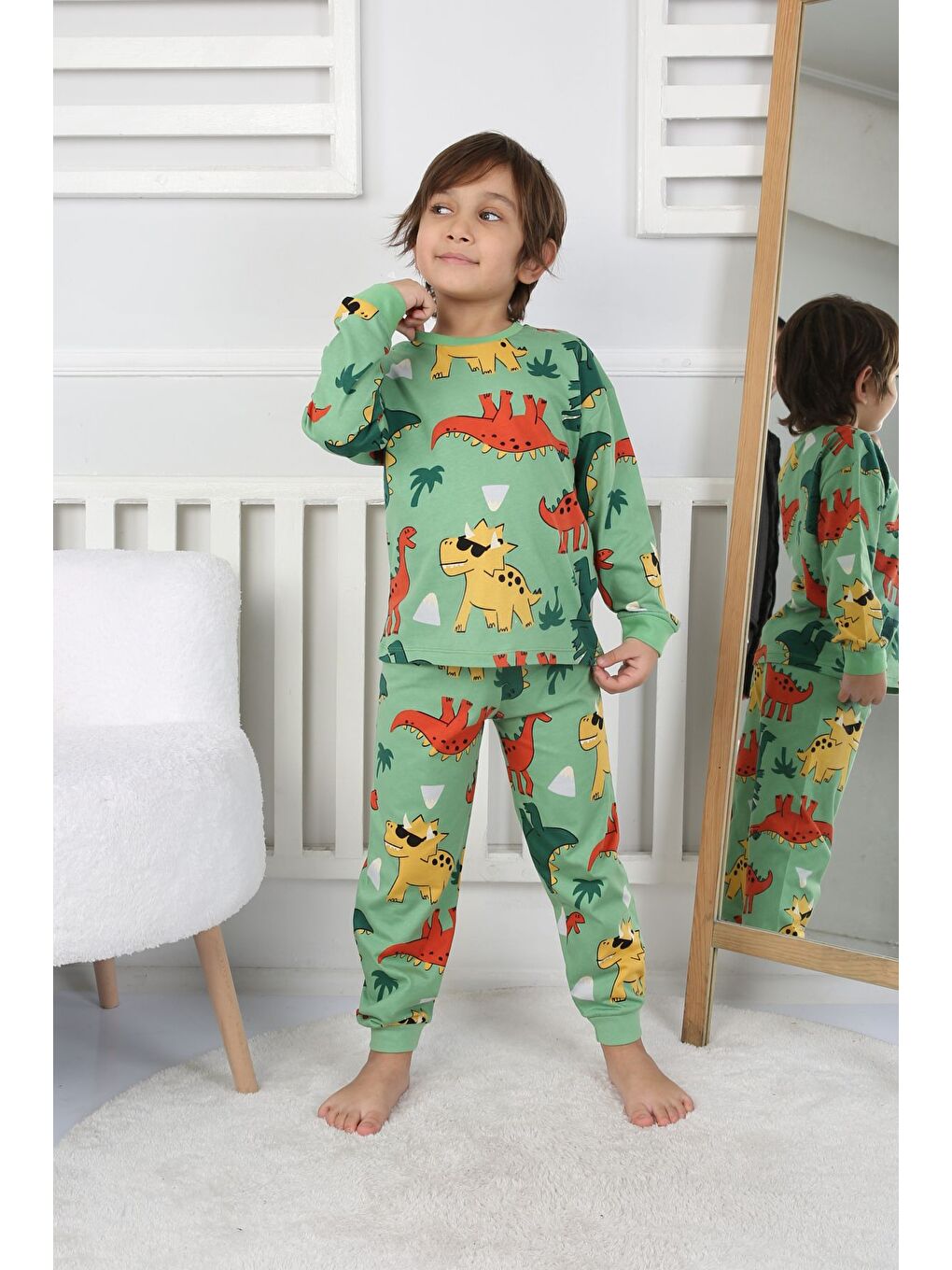 Dinozor Desenli Erkek Çocuk Pijama Takımı Yeşil 3-8 Yaş-1