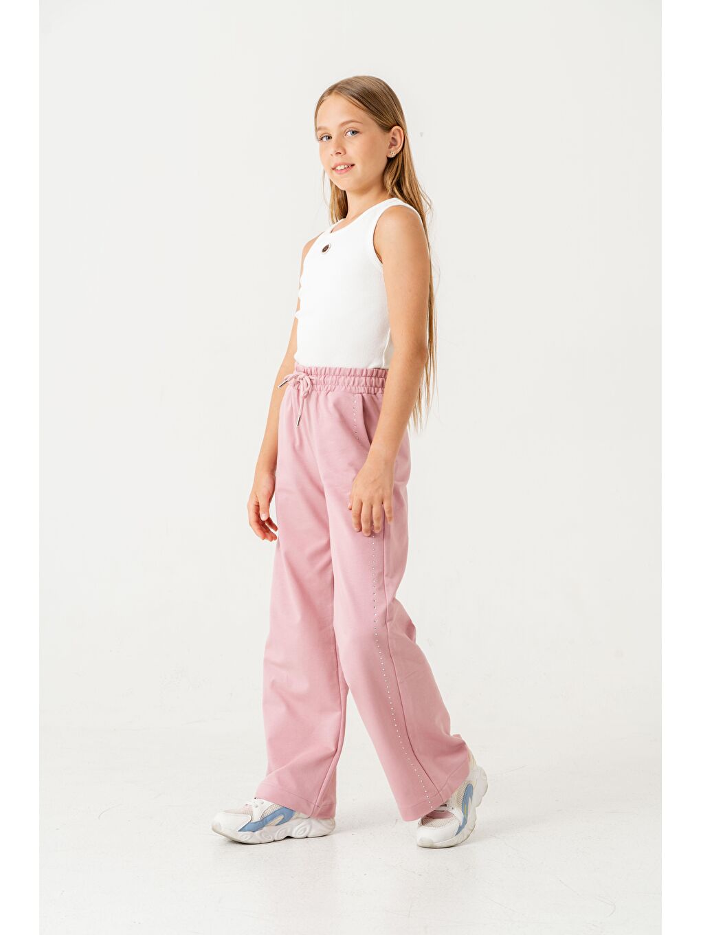 Pembe Sağ Sol Taş Baskılı Geniş Paçalı Kız Çocuk Eşofman Altı-6