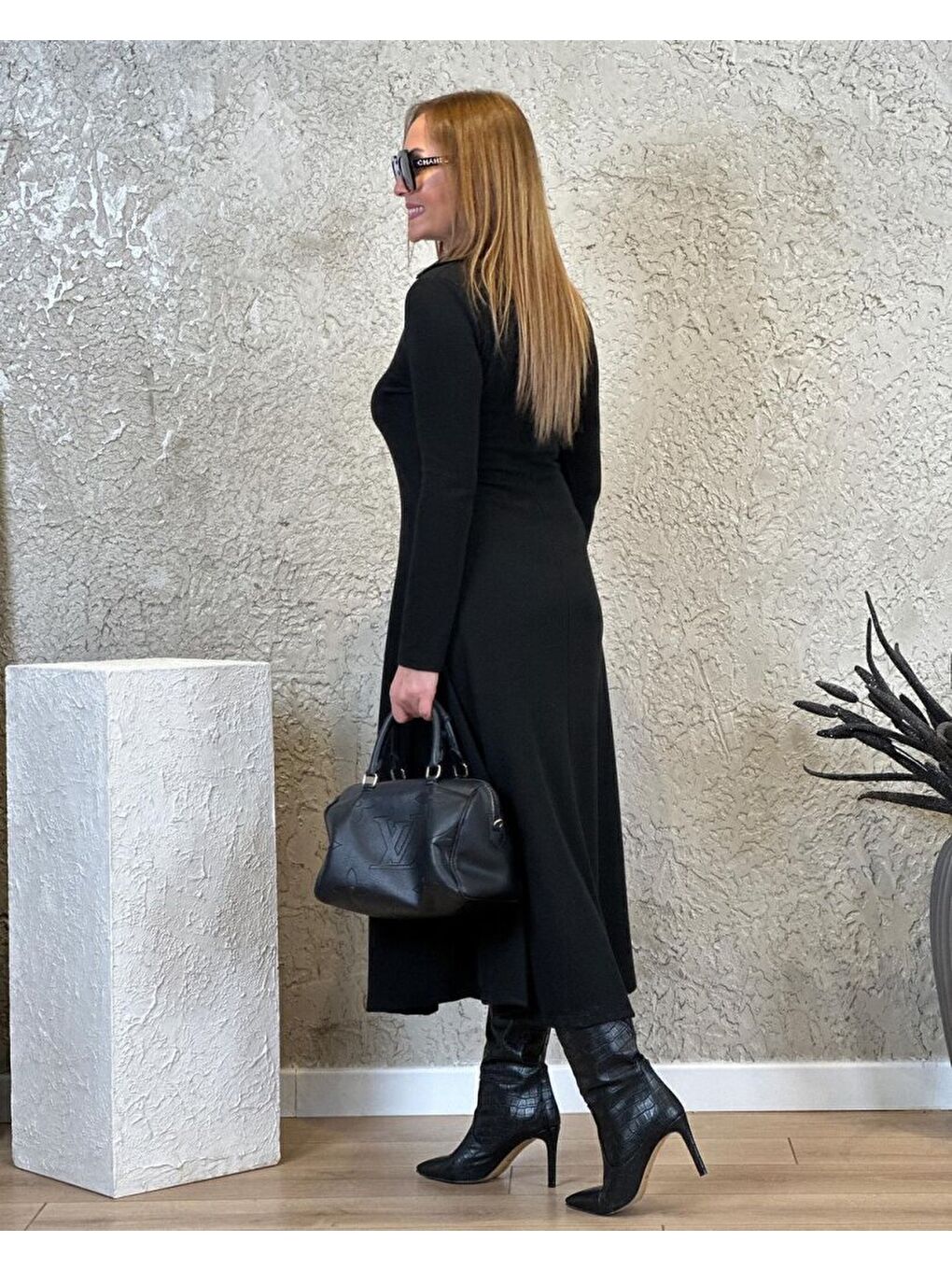 Siyah Kadın Uzun Kollu Yakalı Midi Viskon Iki Iplik Elbise-2