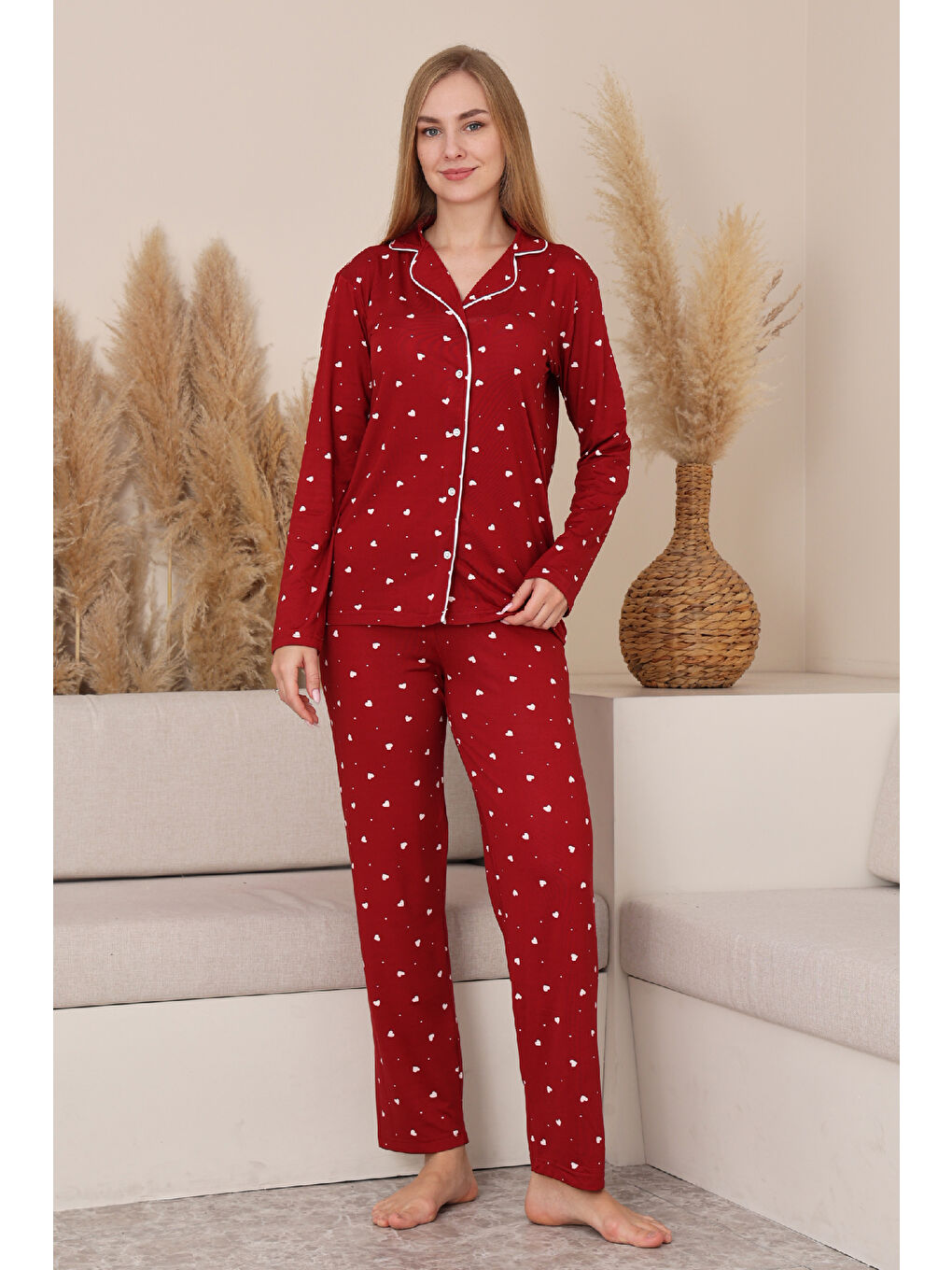 Bordo Kadın %100 Pamuk Milan Soft Pijama Takımı-Pat Yakalı-Boydan Düğmeli-Desenli-12422-3