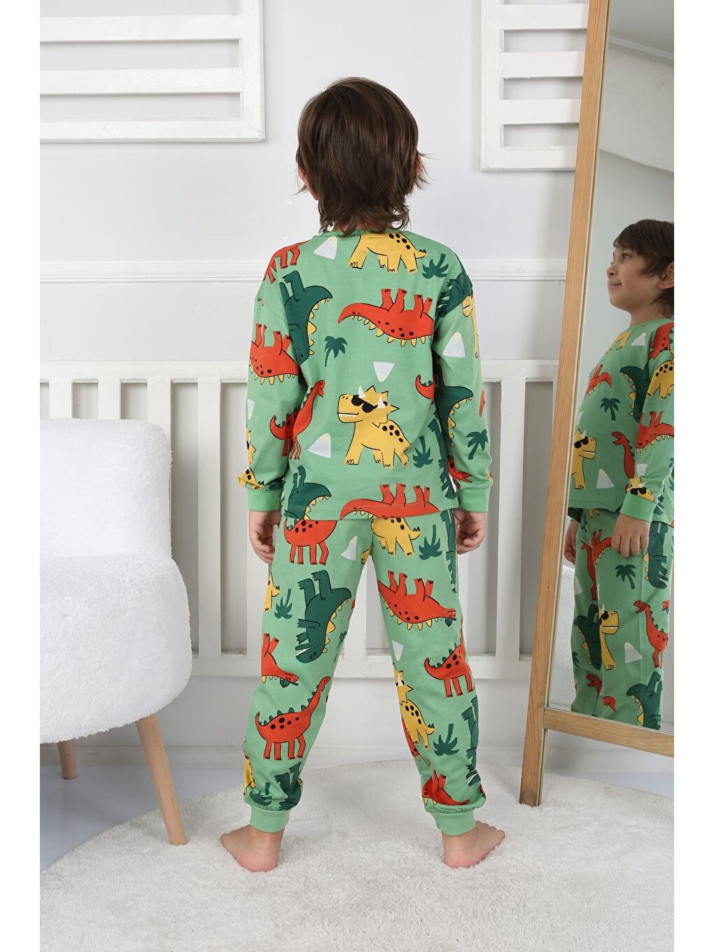 Dinozor Desenli Erkek Çocuk Pijama Takımı Yeşil 3-8 Yaş-2