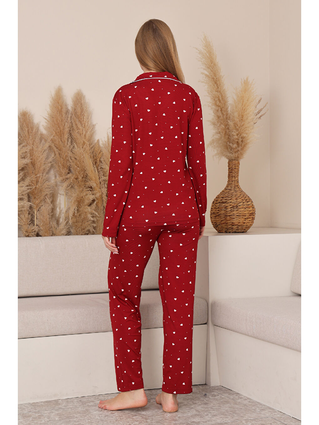 Bordo Kadın %100 Pamuk Milan Soft Pijama Takımı-Pat Yakalı-Boydan Düğmeli-Desenli-12422-4