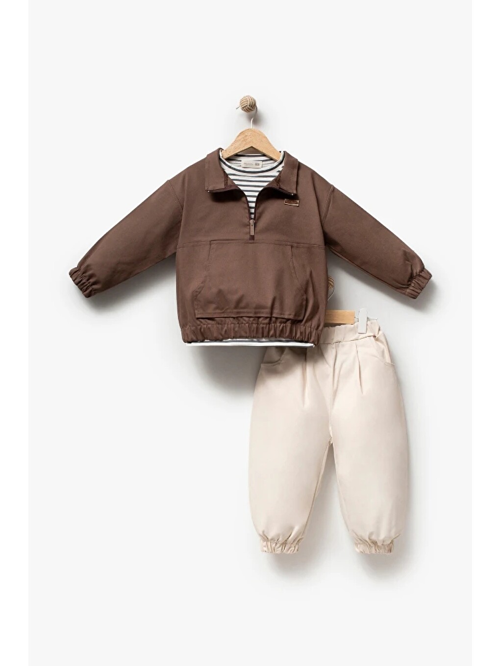 Kahverengi Erkek Çocuk Yarım Fermuarlı Sweatshirt, Çizgili Tişört Ve Jogger Pantolon 3’lü Takım 9112-4