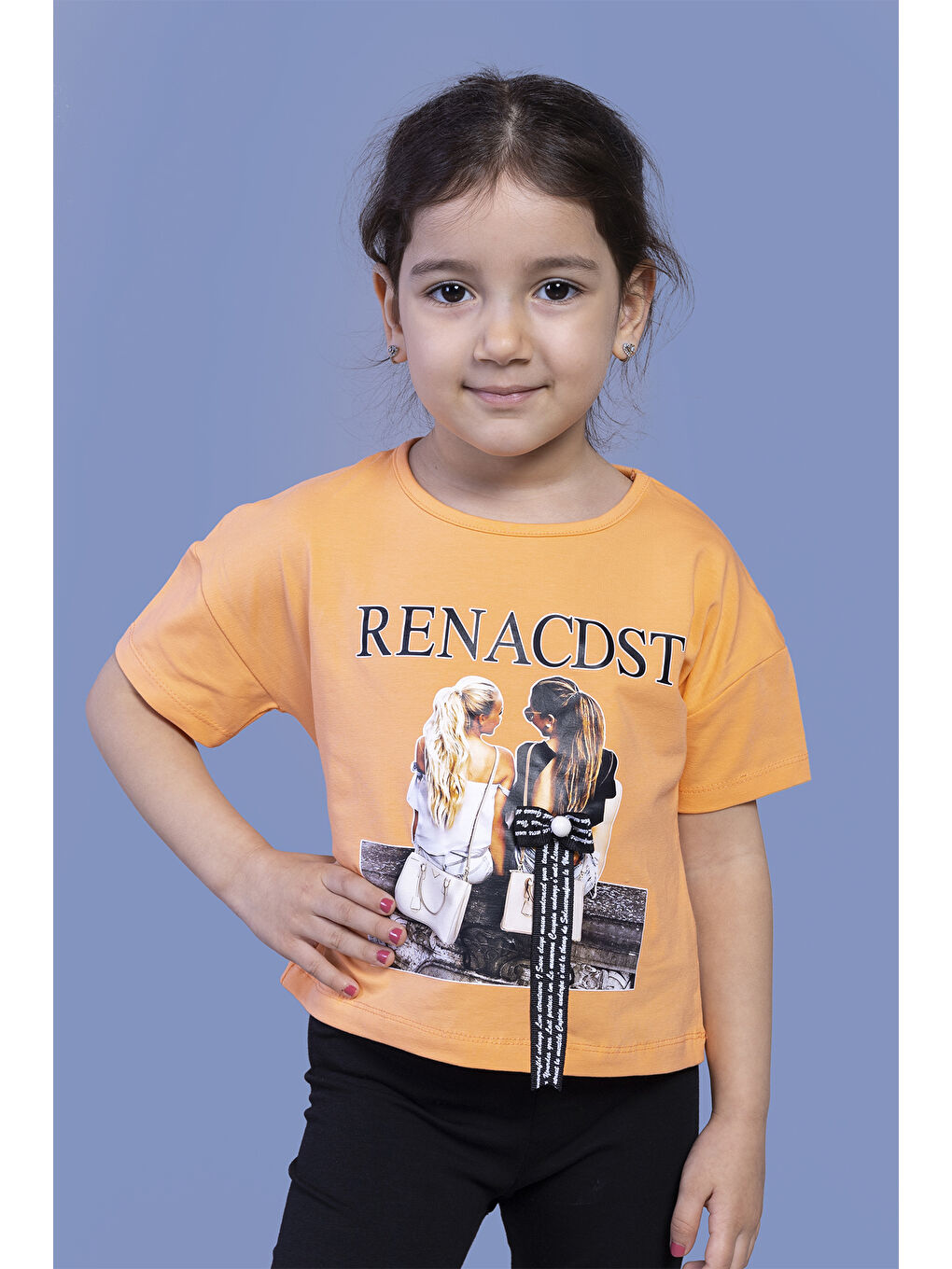 Turuncu Kız Çocuk Dijital Baskılı Arkası Detaylı Tişört