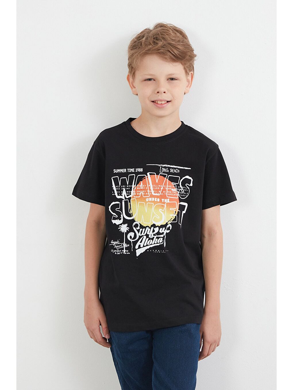 Siyah %100 Pamuk Waves Sunset Baskılı Erkek Çocuk Tişört