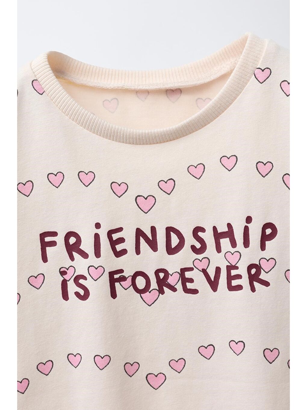 Kız Çocuk Pamuklu Ekru Kalp Desenli Sloganlı Takım - Kısa Kollu T-Shirt Ve Biker Şortlu Set-2