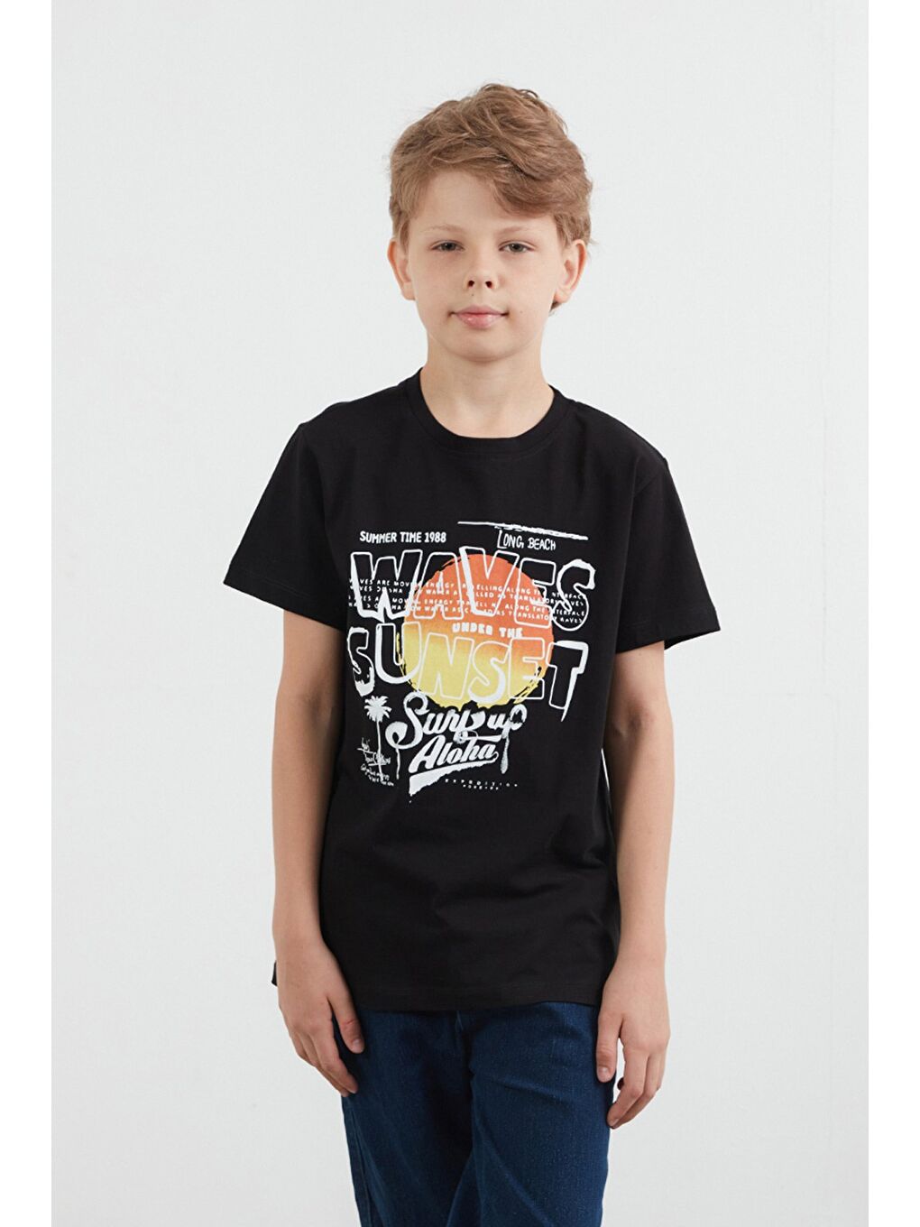 Siyah %100 Pamuk Waves Sunset Baskılı Erkek Çocuk Tişört-1