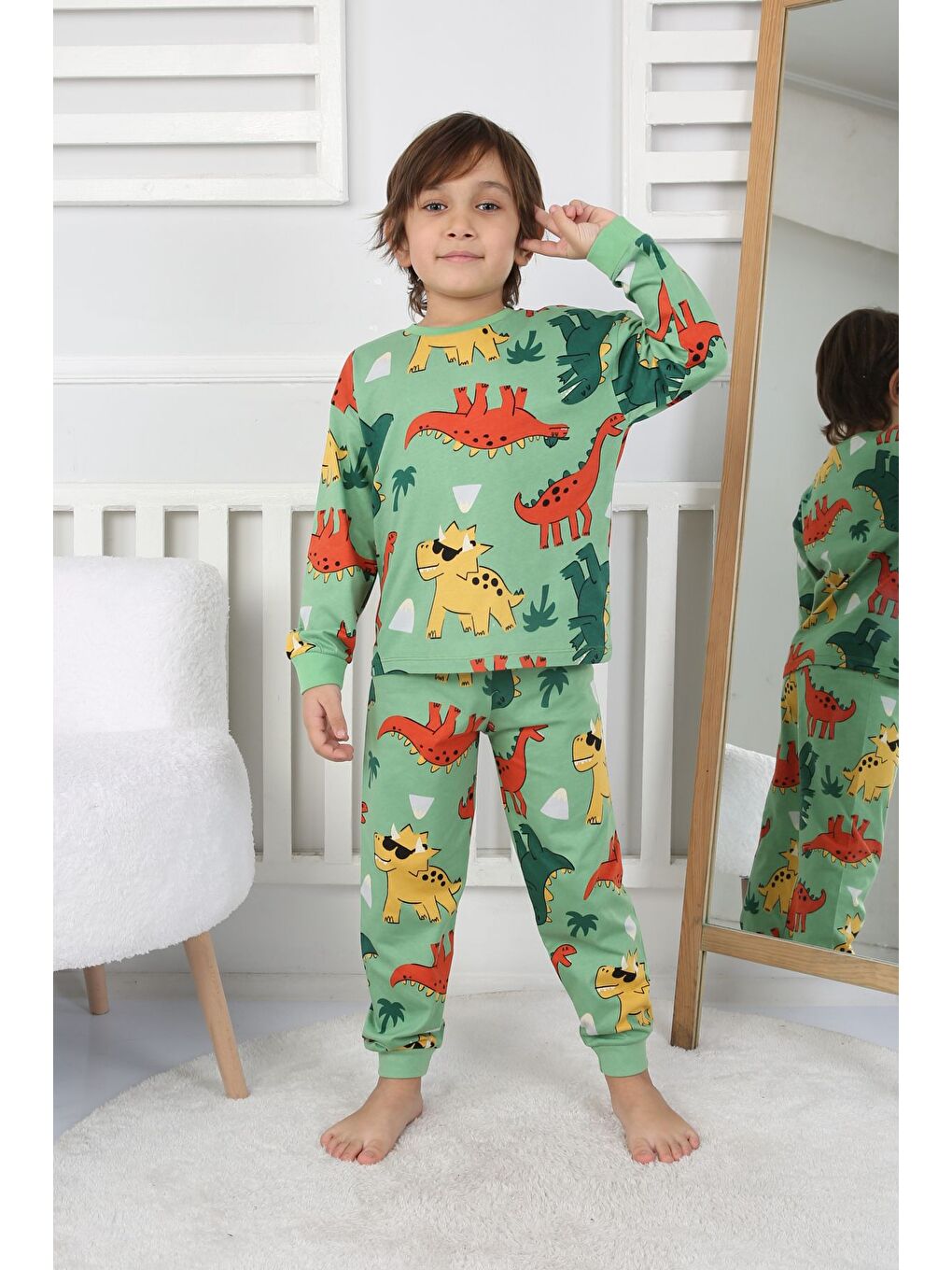 Dinozor Desenli Erkek Çocuk Pijama Takımı Yeşil 3-8 Yaş-3
