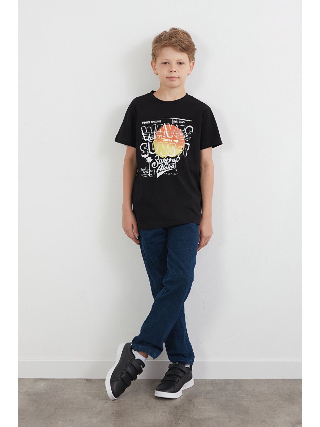 Siyah %100 Pamuk Waves Sunset Baskılı Erkek Çocuk Tişört-2