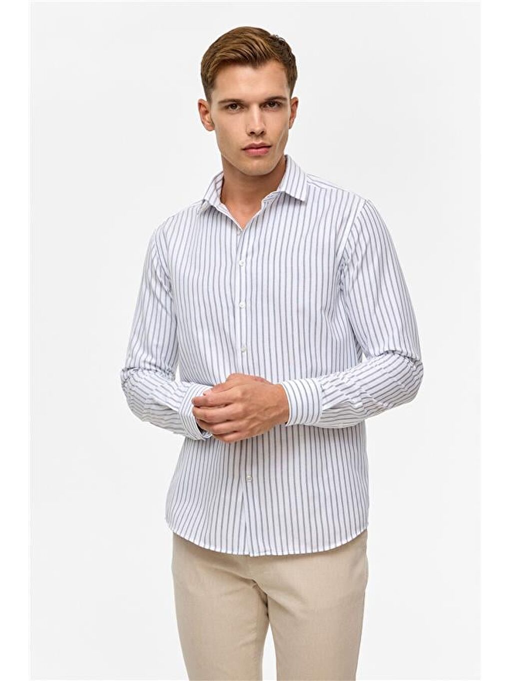 Lacivert Slim Çizgili Klasik Yaka Gömlek-1
