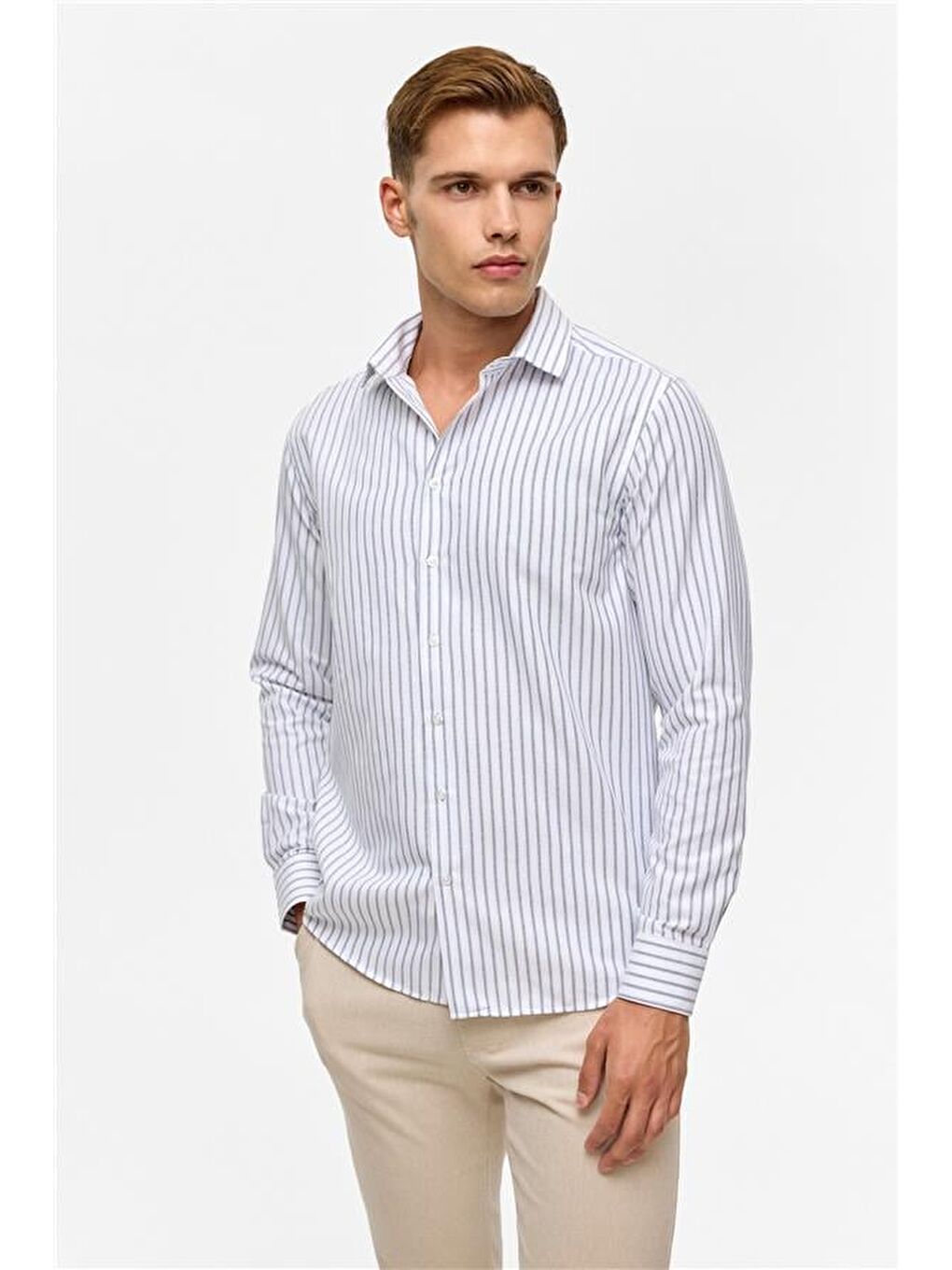 Lacivert Slim Çizgili Klasik Yaka Gömlek-2