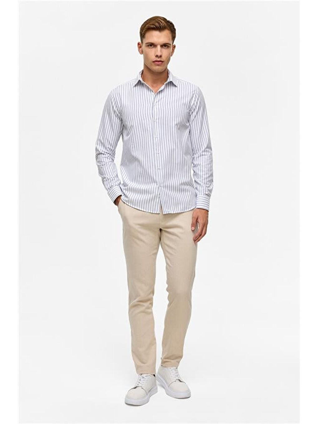 Lacivert Slim Çizgili Klasik Yaka Gömlek-4