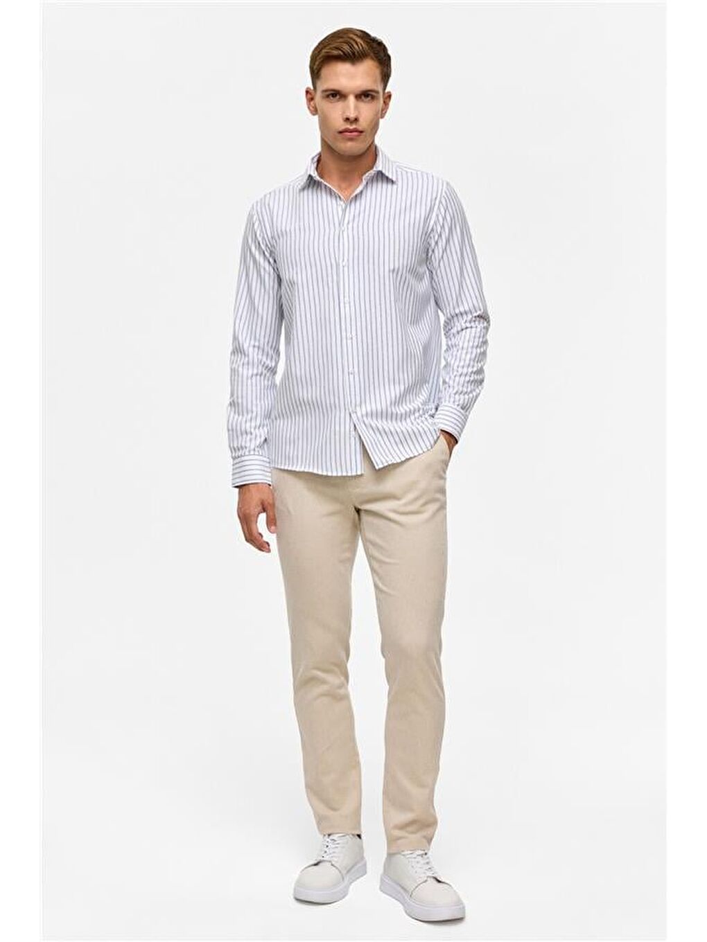 Lacivert Slim Çizgili Klasik Yaka Gömlek-7