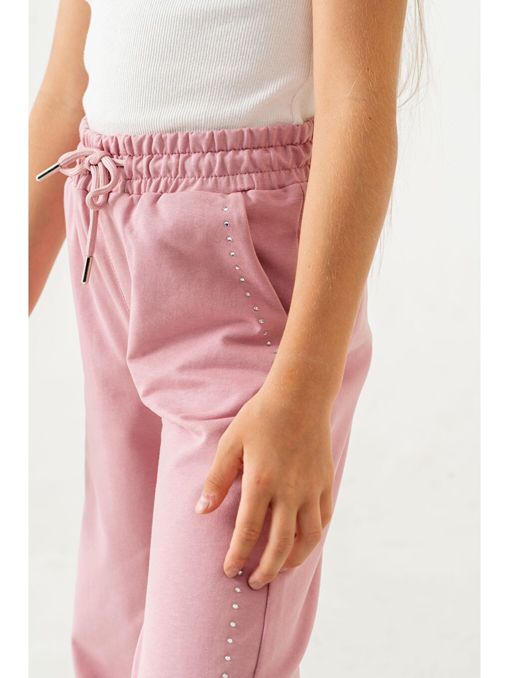 Pembe Sağ Sol Taş Baskılı Geniş Paçalı Kız Çocuk Eşofman Altı-7