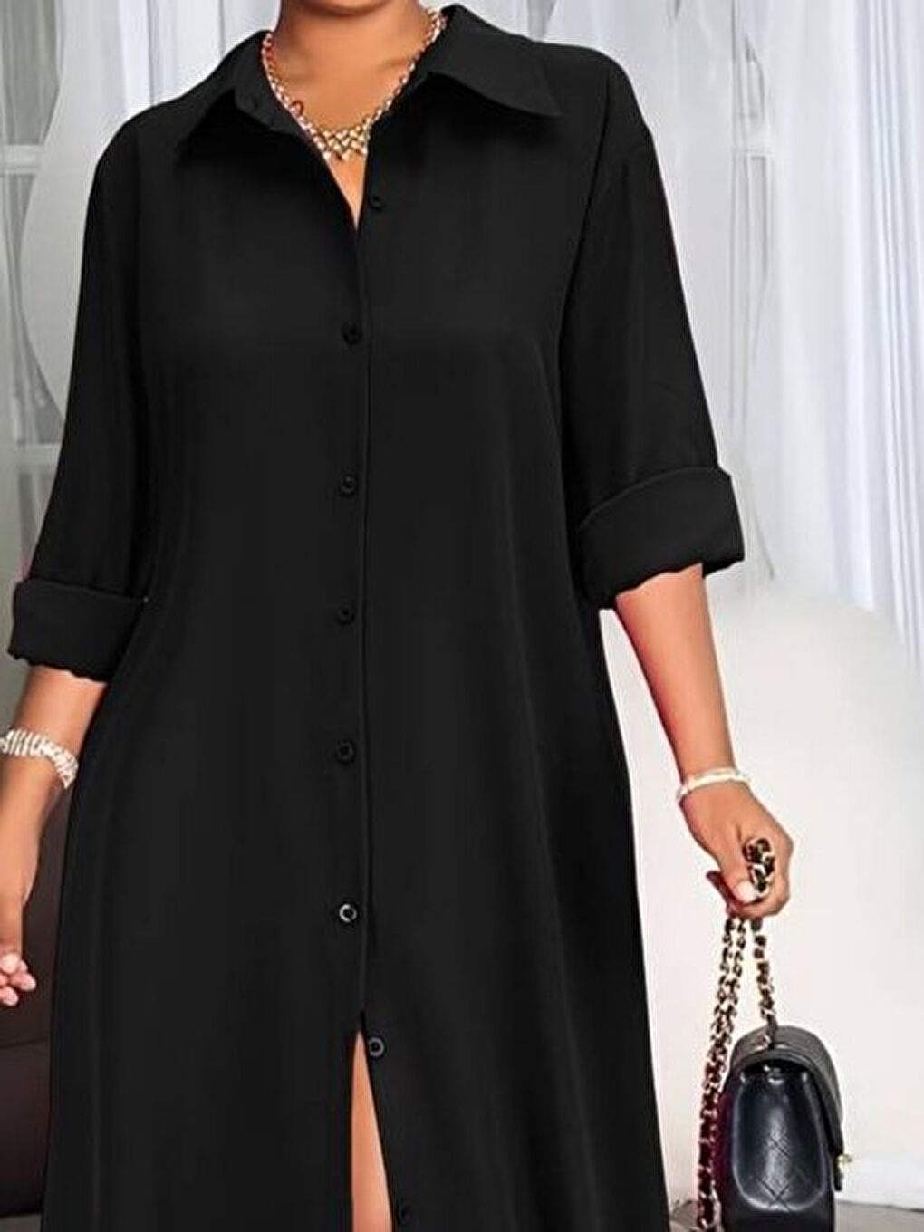 Siyah Kadın Uzun Kollu Yakalı önden Düğmeli Uzun Dokuma Elbise-1