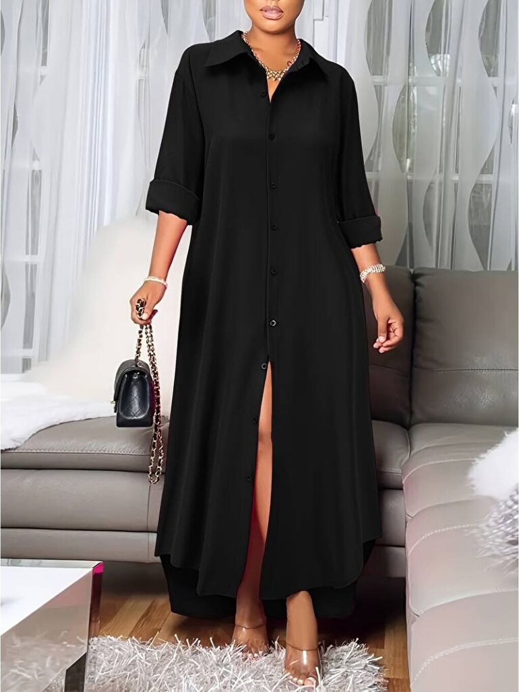 Siyah Kadın Uzun Kollu Yakalı önden Düğmeli Uzun Dokuma Elbise-2