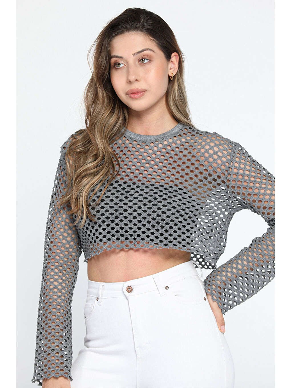 GÜLSELİ Antrasit Bisiklet Yaka Ajurlu Crop Top File Bluz