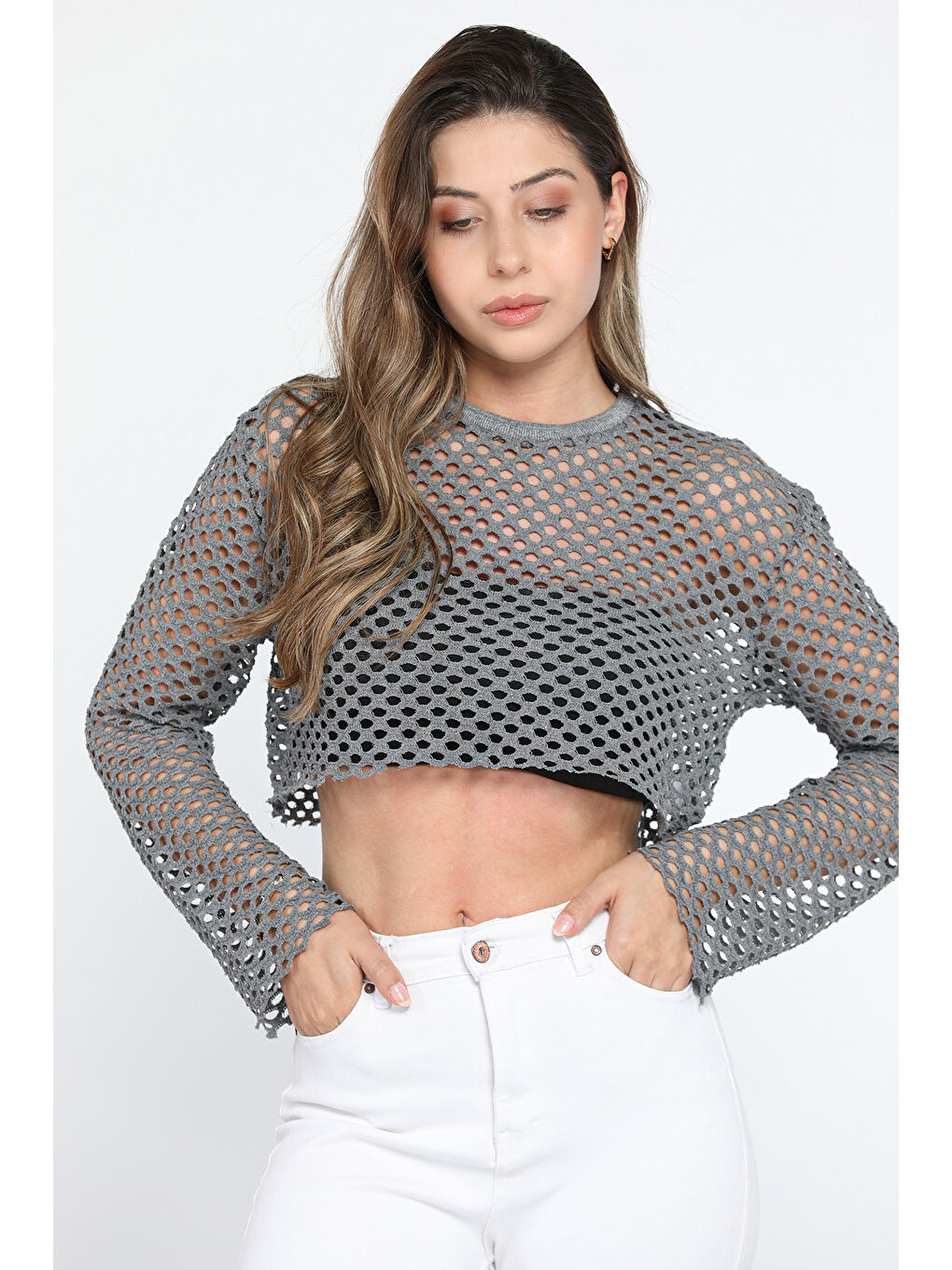 GÜLSELİ Antrasit Bisiklet Yaka Ajurlu Crop Top File Bluz - 2