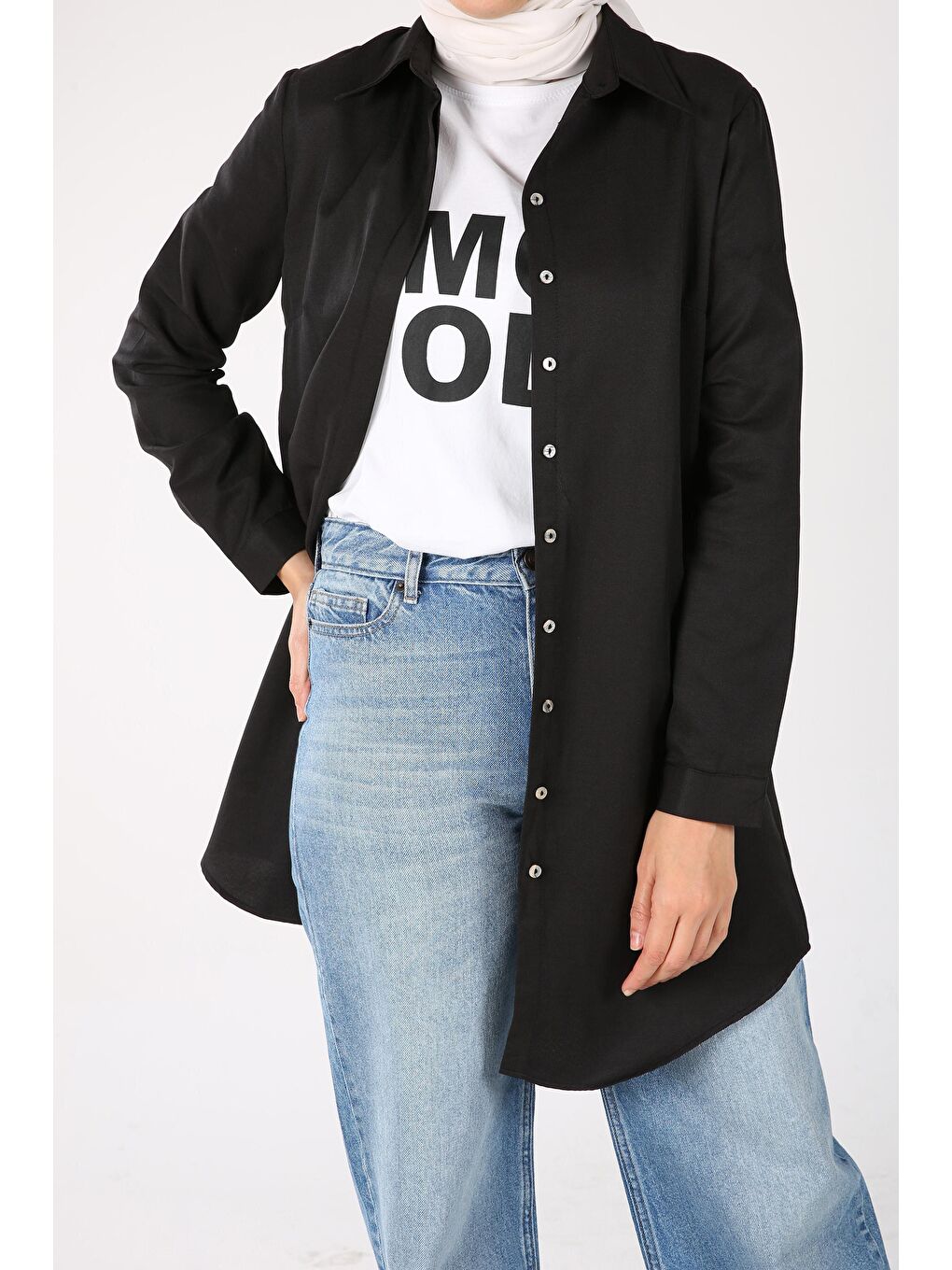 Siyah Gizli Patlı Basic Gömlek Tunik-2