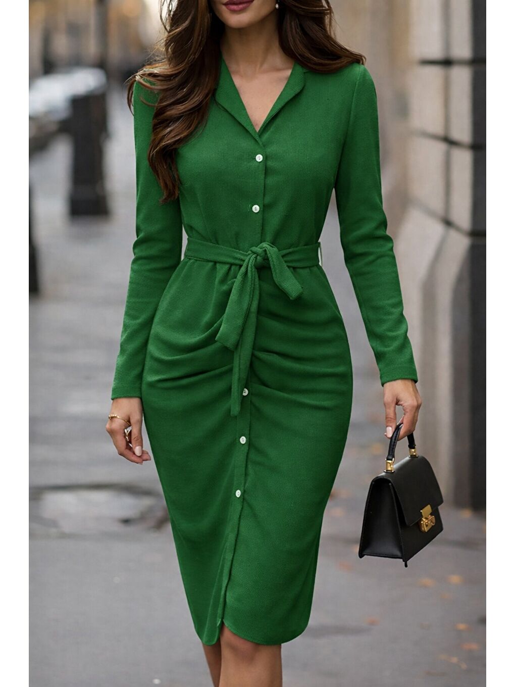 Yeşil Kadın Uzun Kollu önden Düğmeli Beli Kuşaklı Aerobin Midi Elbise