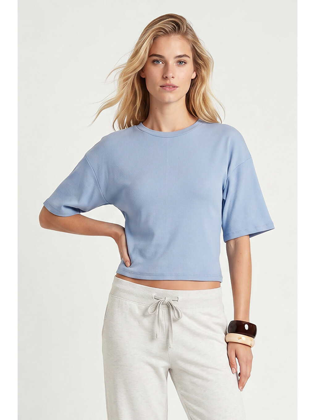 Mavi Yarasa Kollu Basic Modal T-shirt MAVİ LUB0357