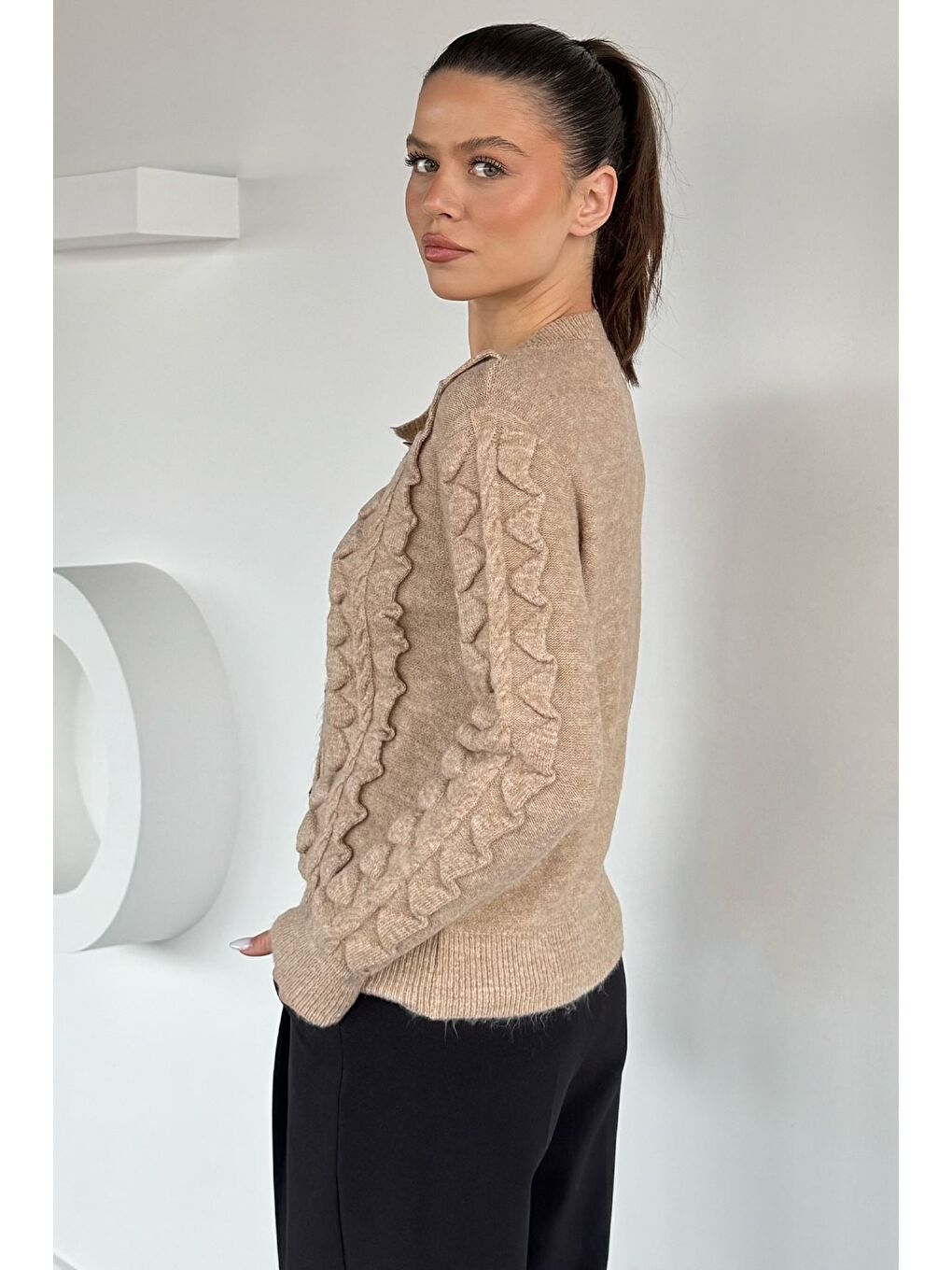 Bej Kadın Gold Düğme Detaylı Triko Hırka-3