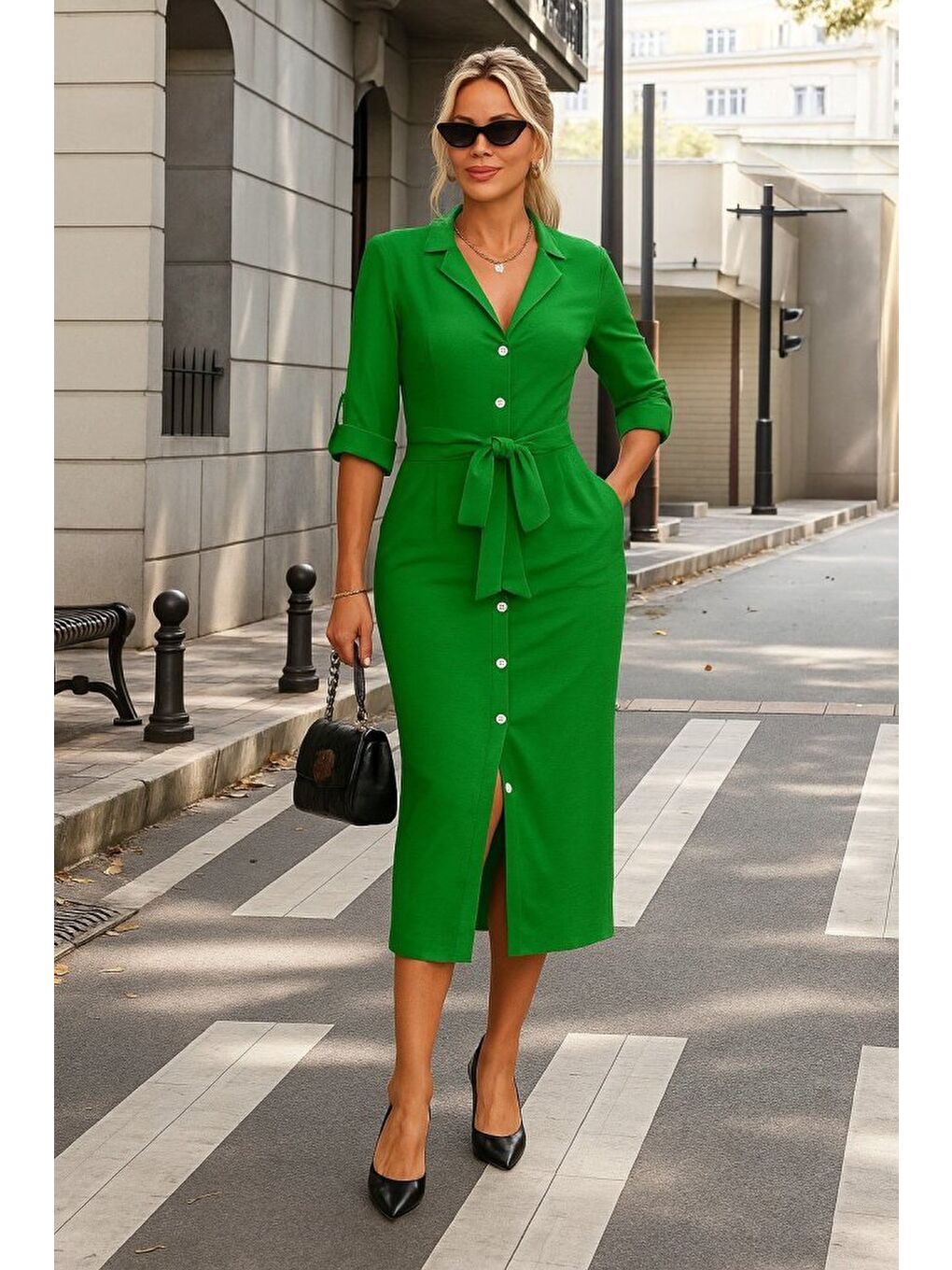 Yeşil Kadın Uzun Kollu önden Düğmeli Beli Kuşaklı Aerobin Midi Elbise-1