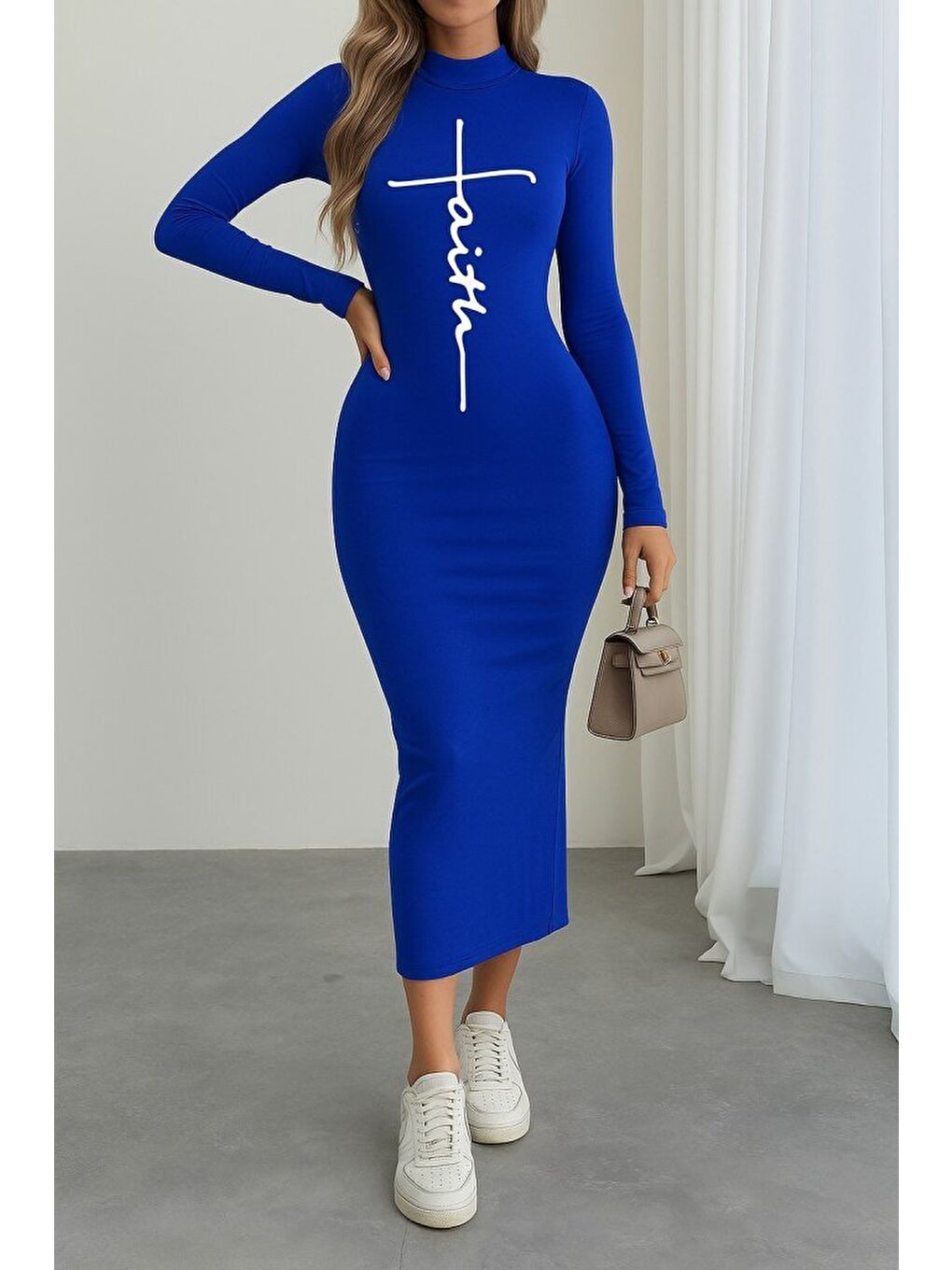 Mavi Kadın Uzun Kollu Boğazlı Baskı Detaylı Viskon Tam Boy Elbise