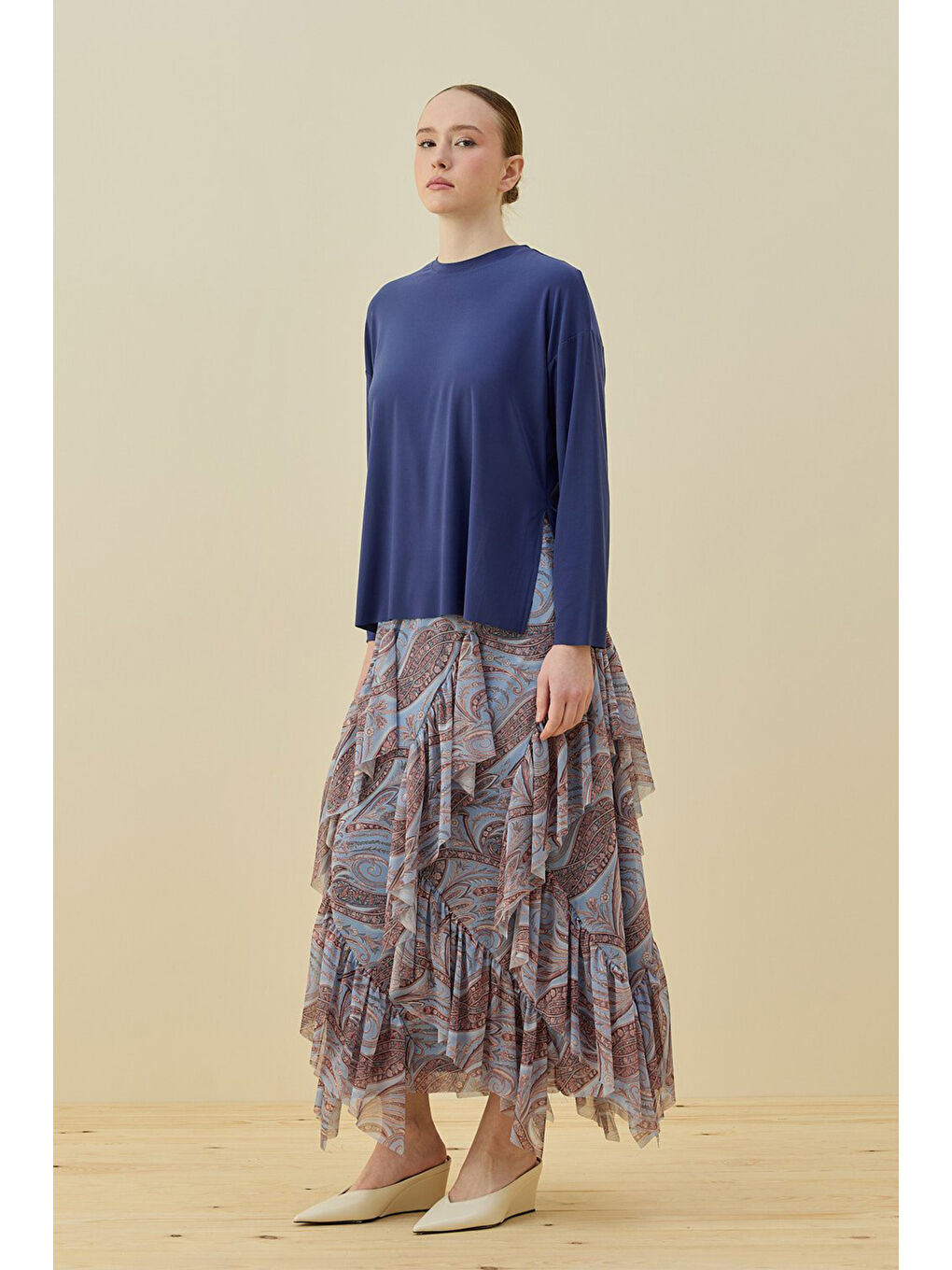 Üst ve Katlı Desenli Etek İkili Spanis Takım 1812 Mavi-1