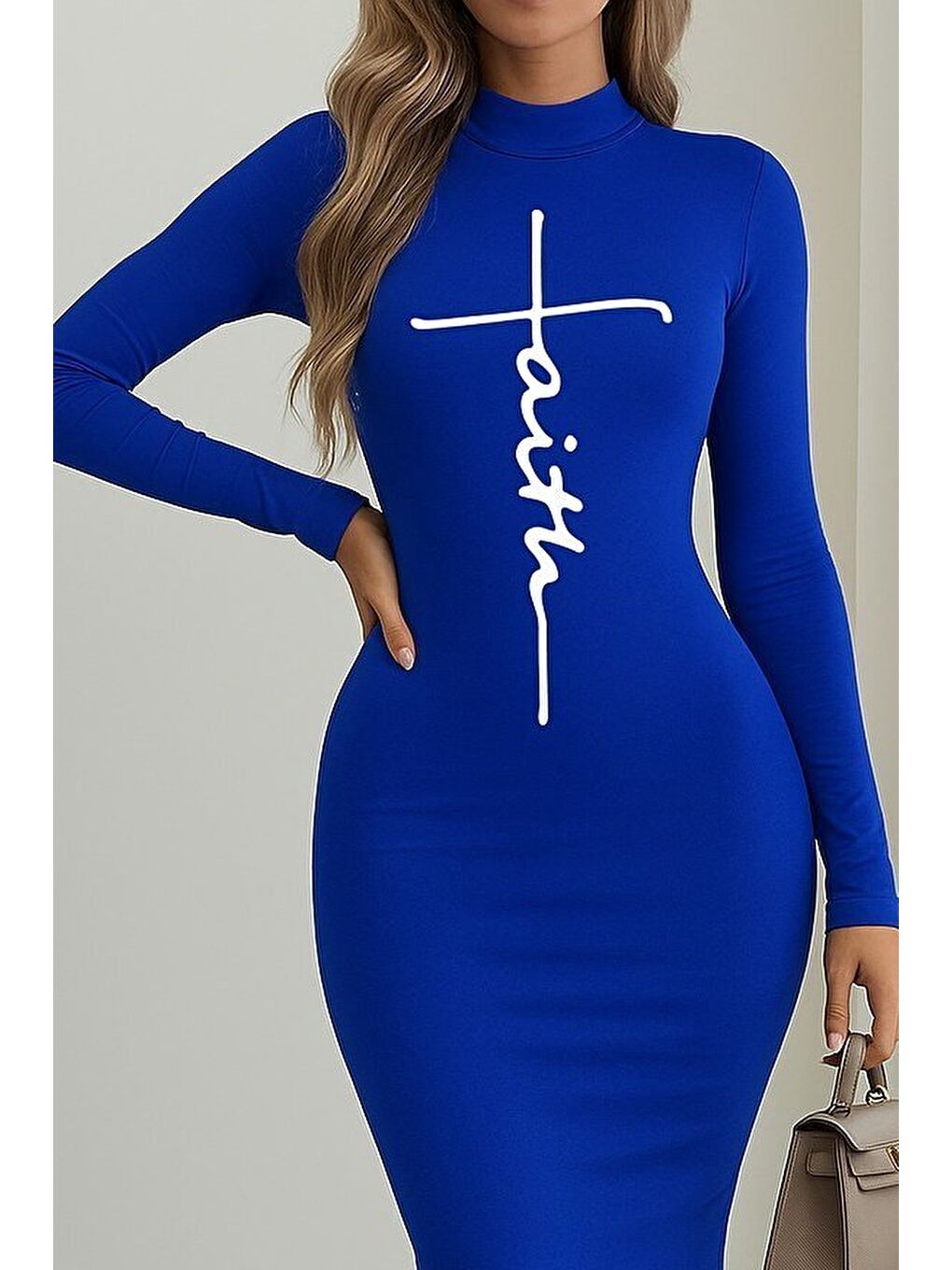 Mavi Kadın Uzun Kollu Boğazlı Baskı Detaylı Viskon Tam Boy Elbise-1