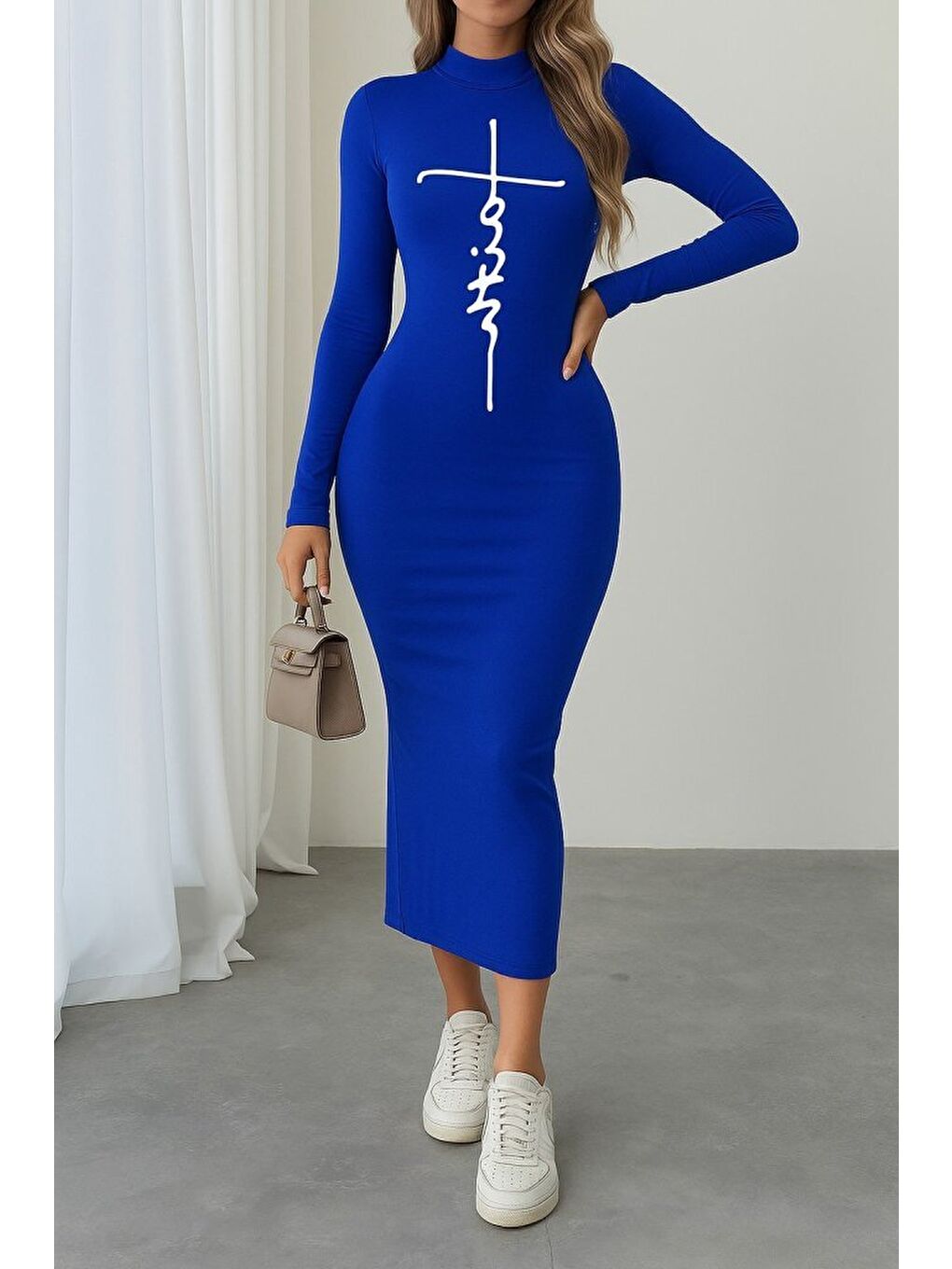 Mavi Kadın Uzun Kollu Boğazlı Baskı Detaylı Viskon Tam Boy Elbise-2