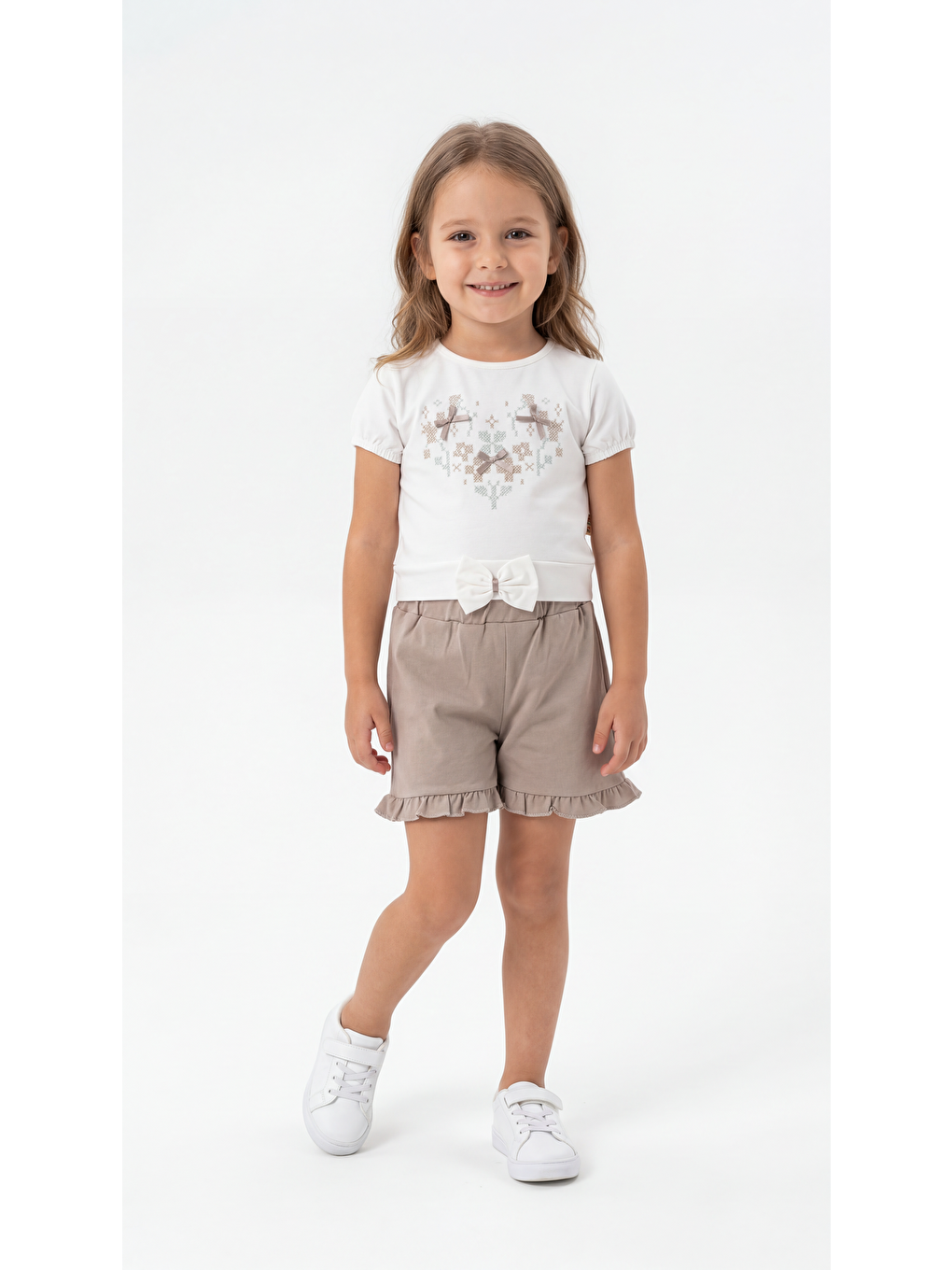 Bej Nakış Fiyonklu Penye Kız Çocuk Tişört-Şort Takım