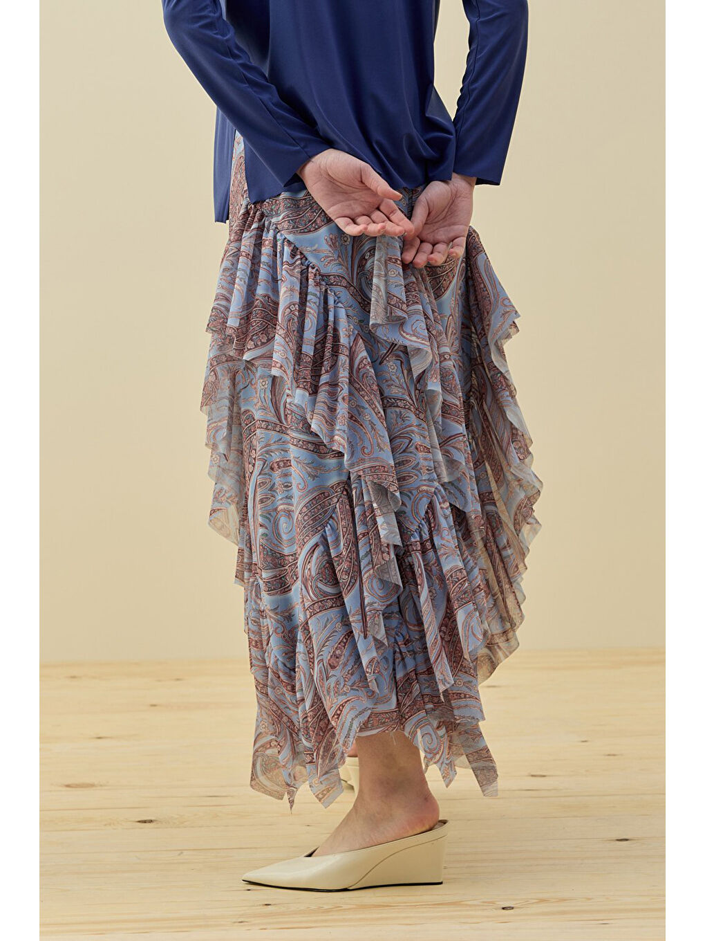 Üst ve Katlı Desenli Etek İkili Spanis Takım 1812 Mavi-2