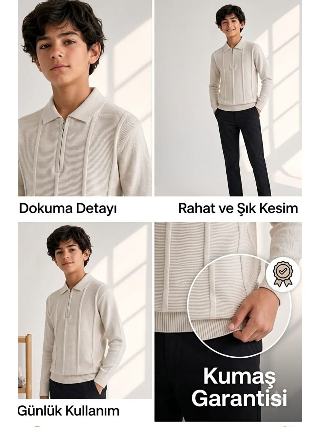 Bej Erkek Çocuk Fermuarlı Polo Yaka Fitilli Triko Kazak Trk11011-5