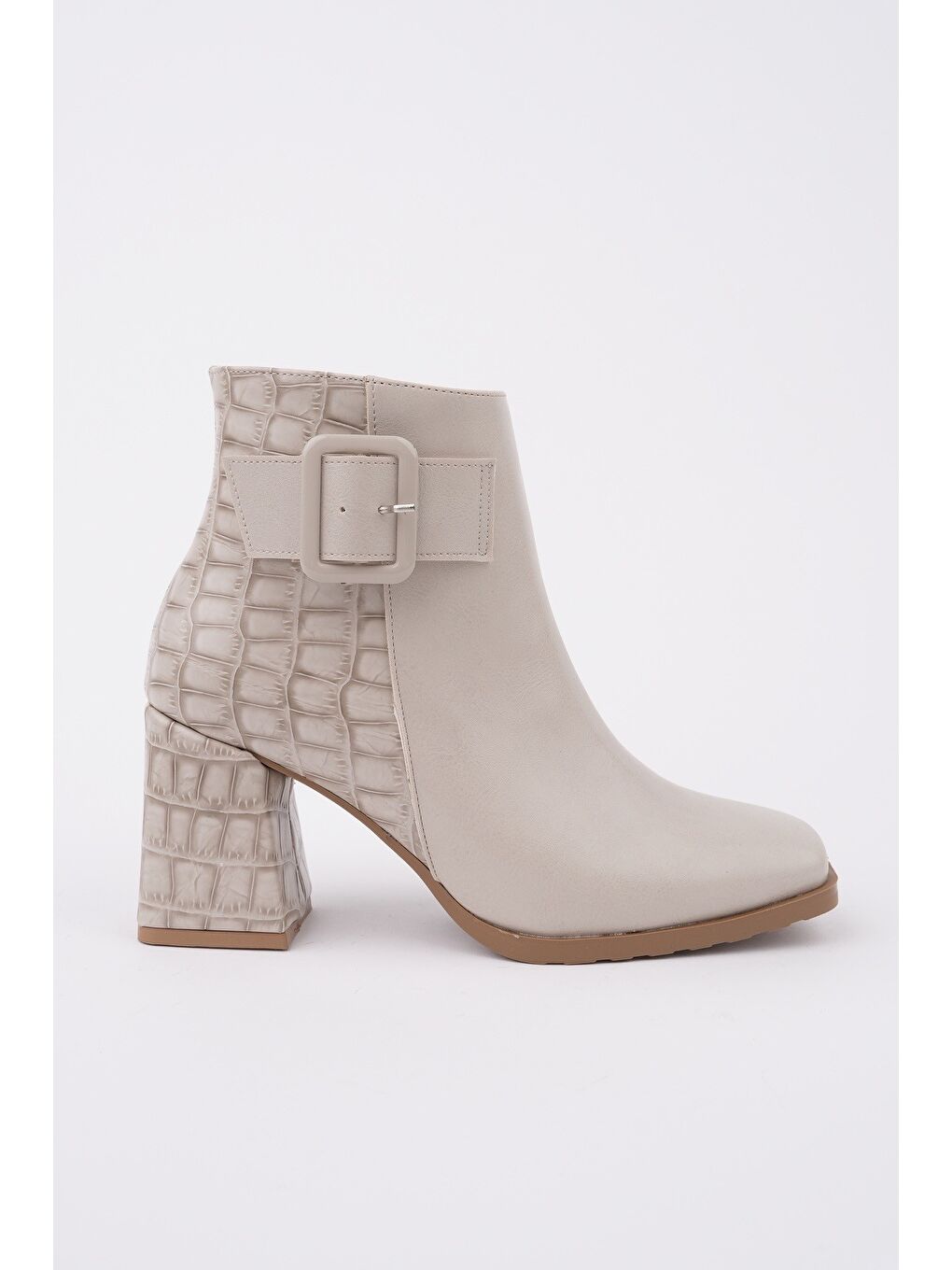 Bej CANDORA Sivri Burun Kroko Desenli Toka Detaylı Kalın Topuklu Fermuarlı Kadın Bot-1