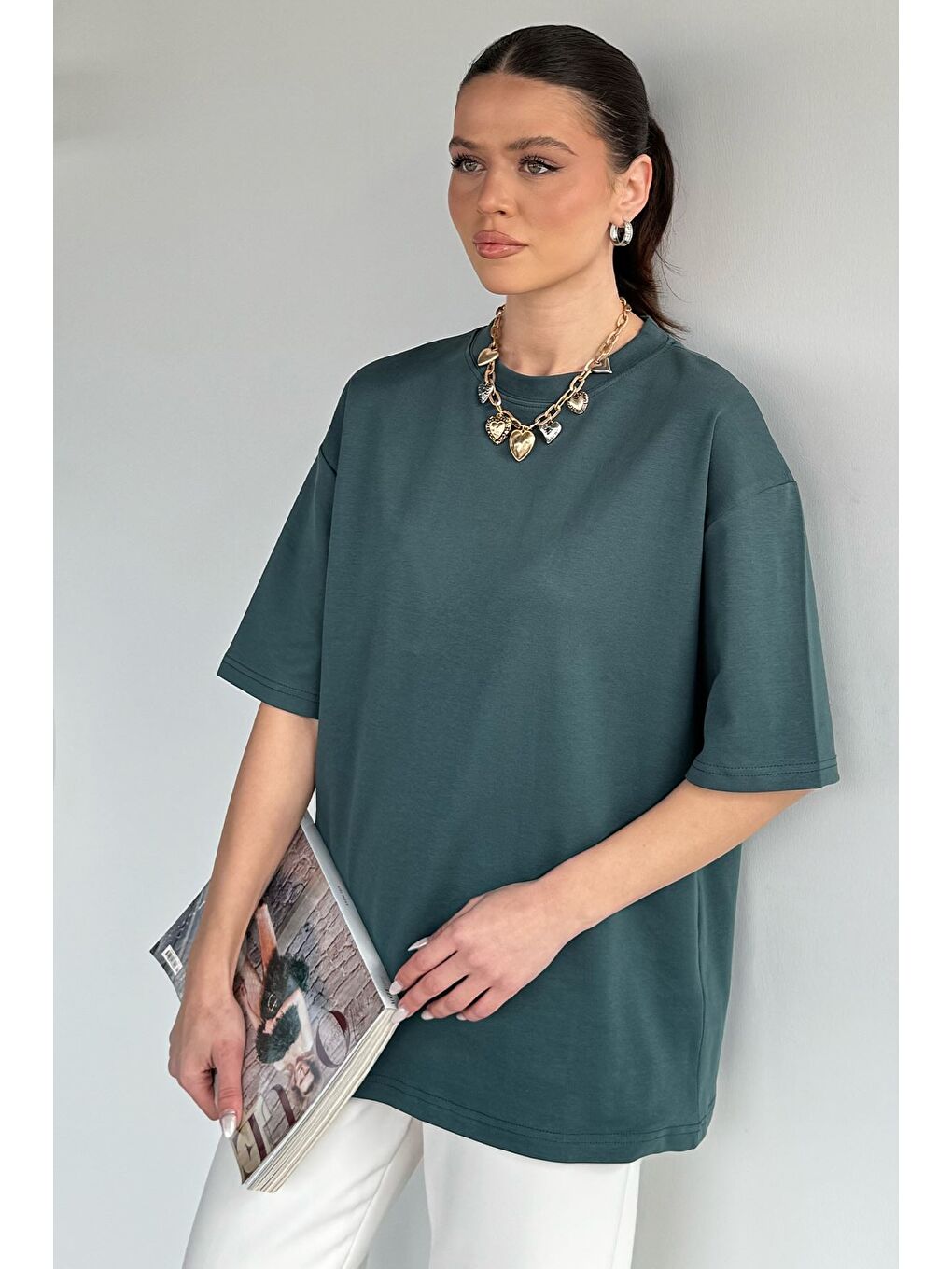 Petrol Kadın Bisiklet Yaka Oversize Basic Tişört