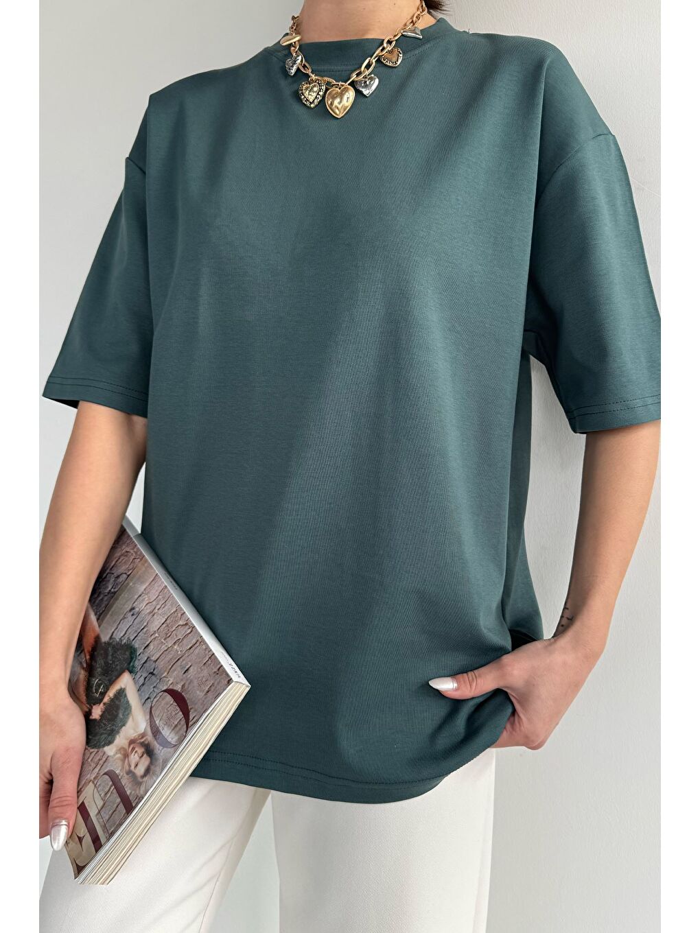 Petrol Kadın Bisiklet Yaka Oversize Basic Tişört-1