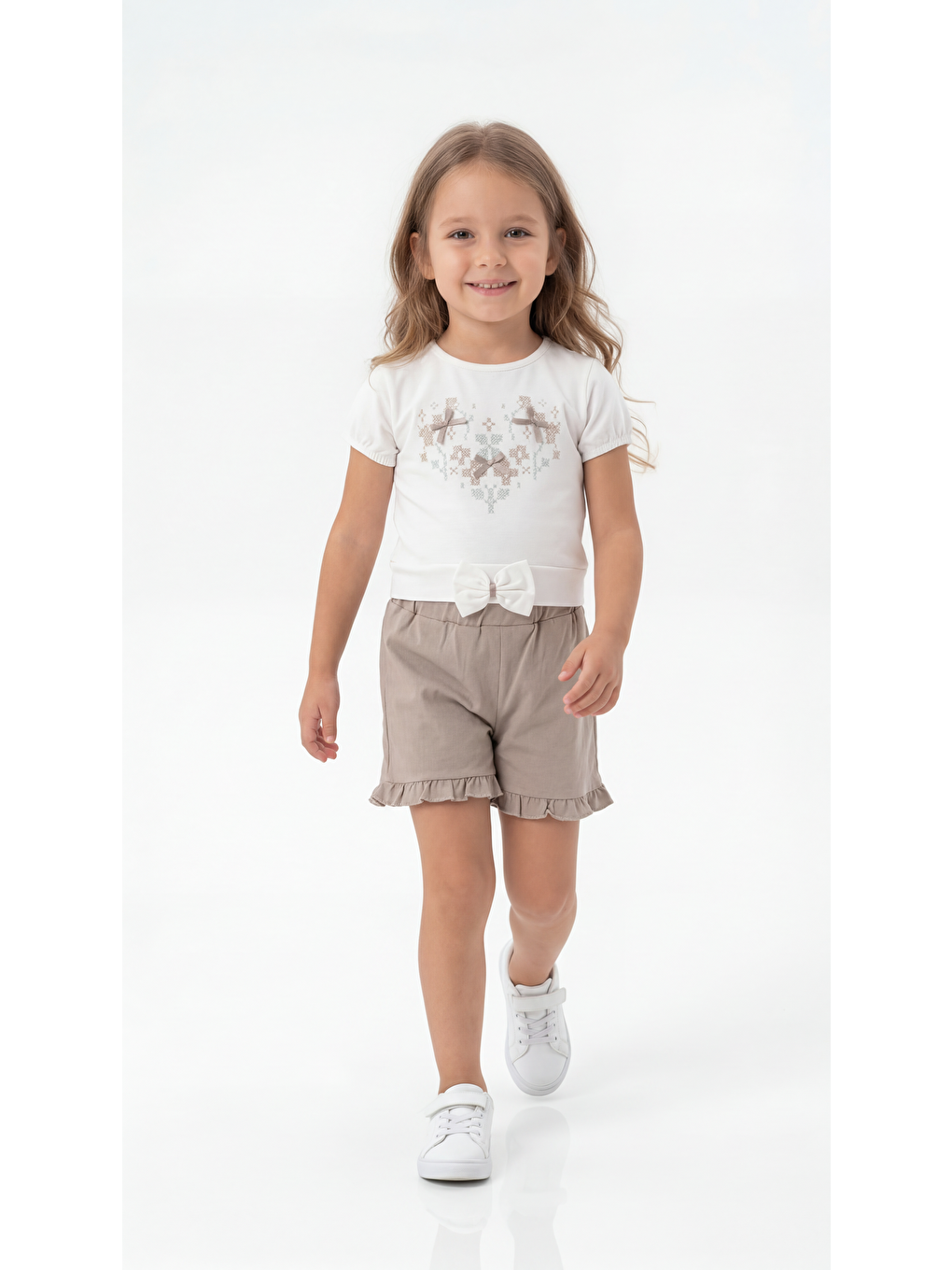 Bej Nakış Fiyonklu Penye Kız Çocuk Tişört-Şort Takım-1