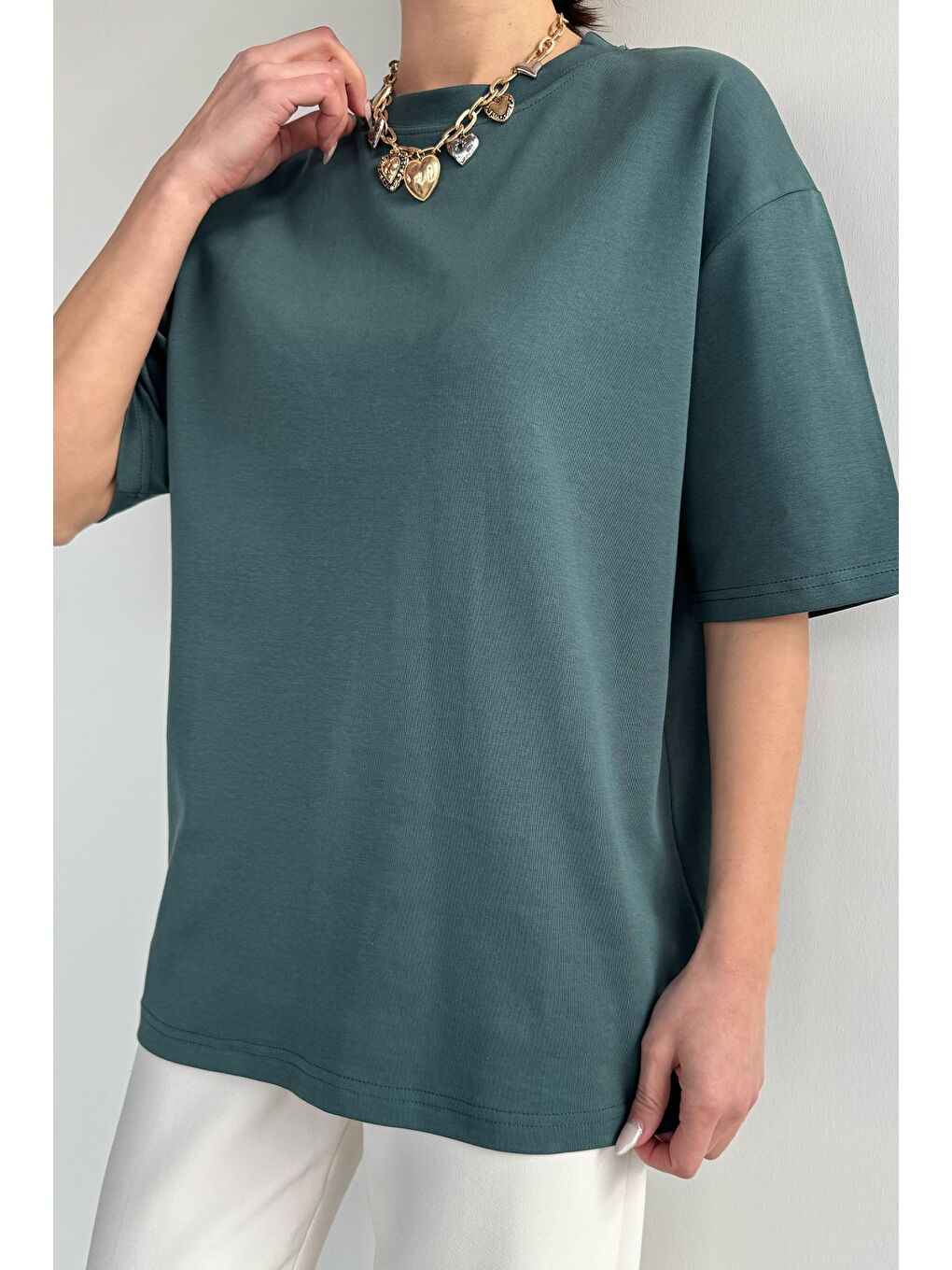 Petrol Kadın Bisiklet Yaka Oversize Basic Tişört-2