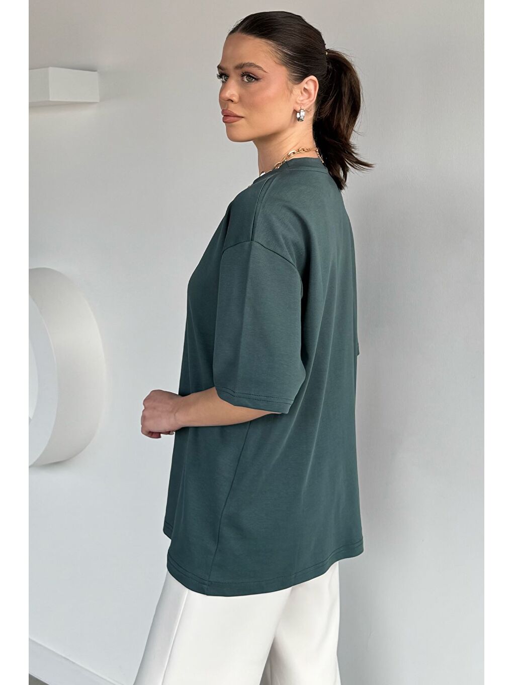 Petrol Kadın Bisiklet Yaka Oversize Basic Tişört-3