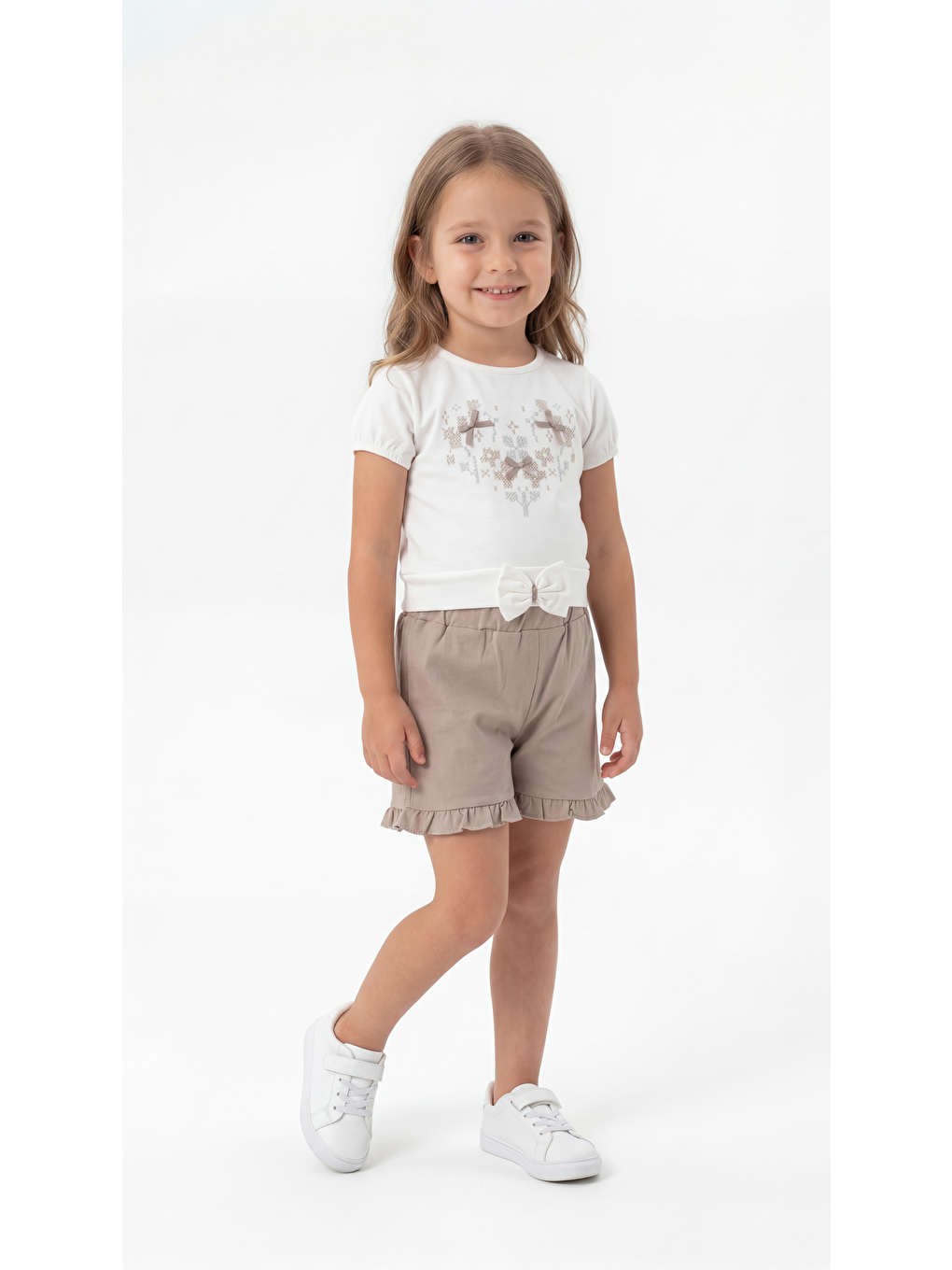 Bej Nakış Fiyonklu Penye Kız Çocuk Tişört-Şort Takım-2