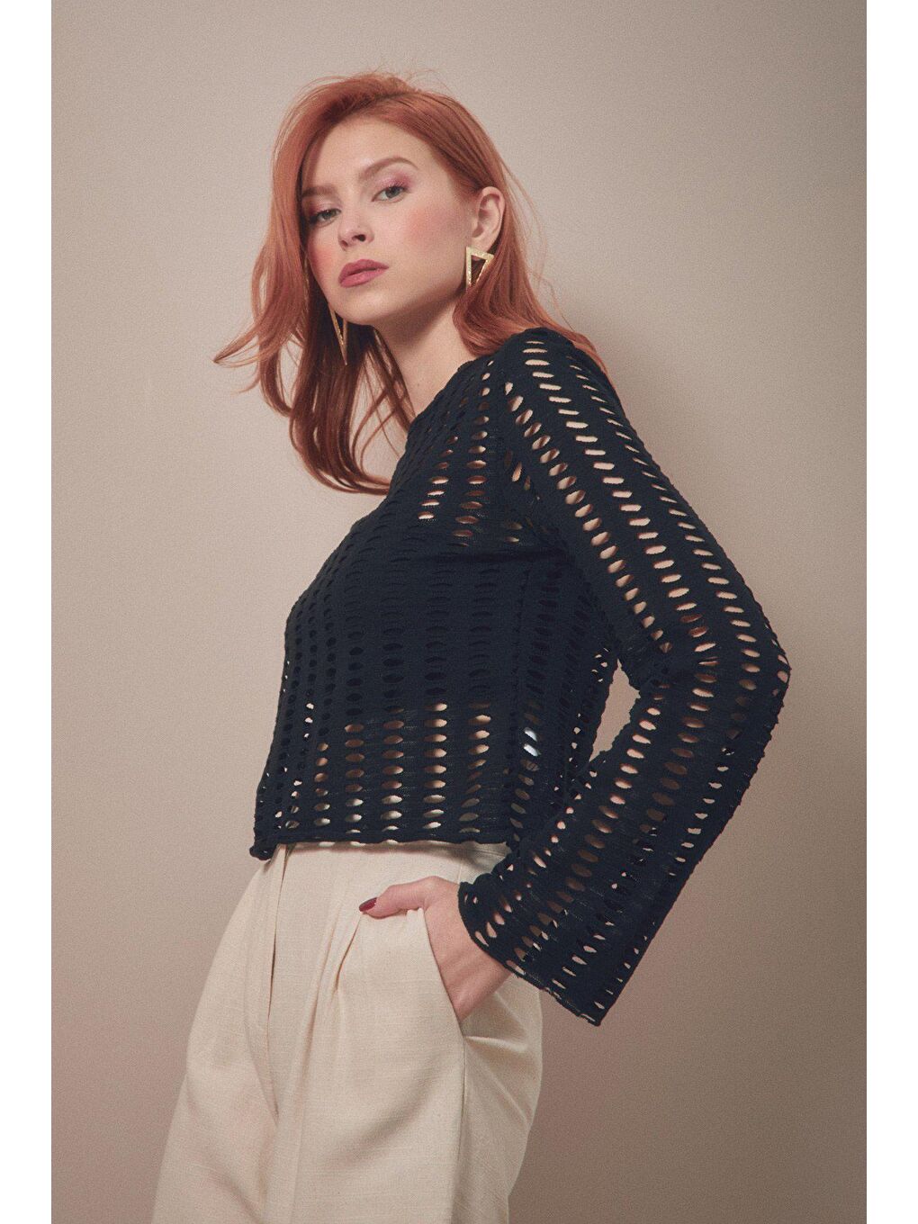 Siyah Ajurlu Bisiklet Yaka Bluz-1