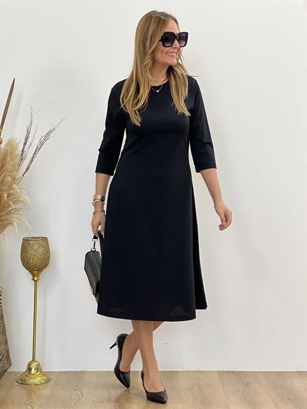 Siyah Kadın Uzun Truvakar Kol Bisiklet Yaka Midi Modal Elbise-4